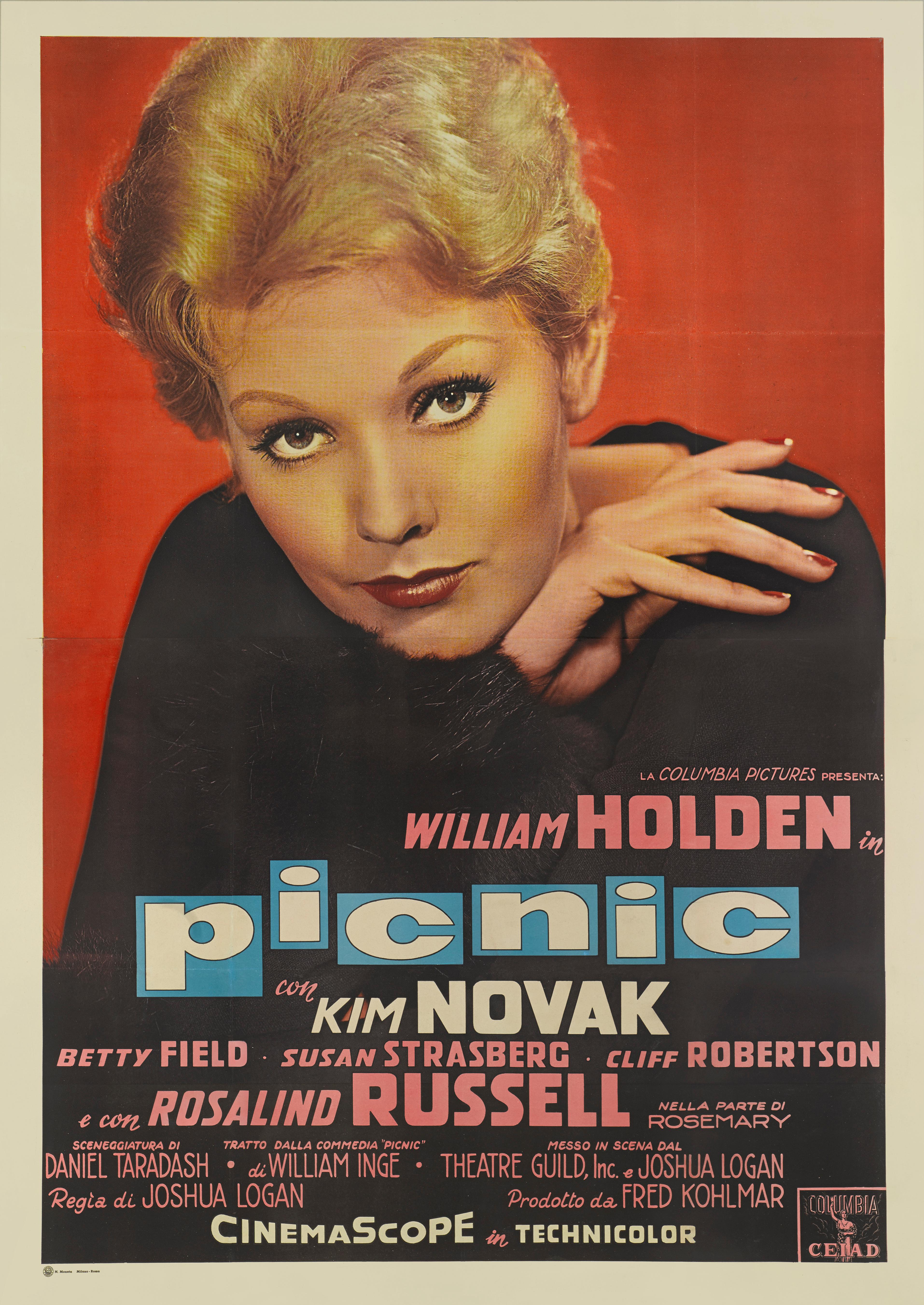 Original Italian movie poster for the 1956 rrama, romance staring 
William Holden and Kim Novak. This poster features one of the best images Kim Novak to appear on any of her film posters.
This poster was printed in two sheets and was designed to be