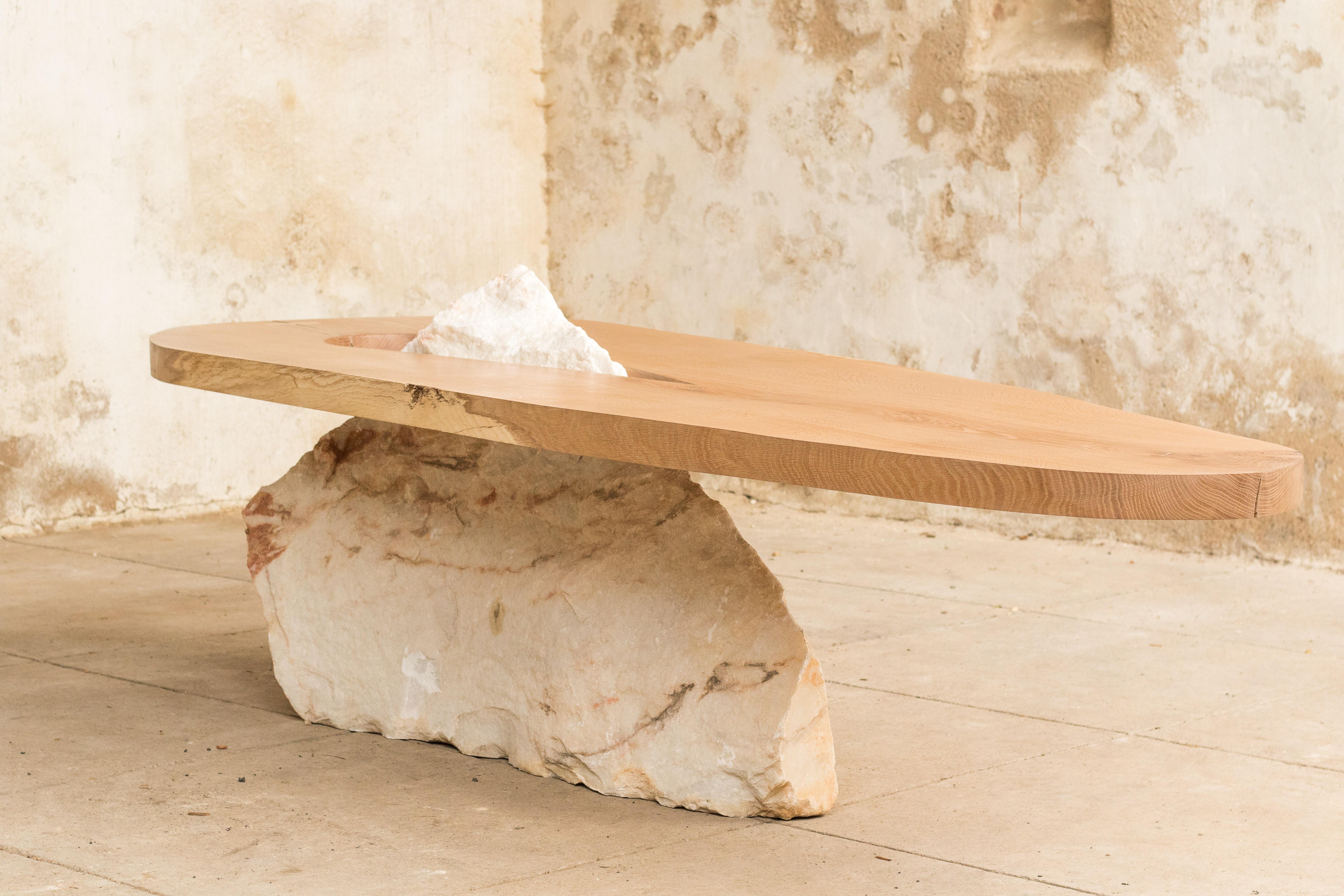 Mircea Anghel’s Pico Table Series is an ode to the volcanic island with the same name, located in the middle of the Atlantic Ocean. The table is built with only two parts: one highly controlled, treated, hand shaped piece of wood; the other a rock