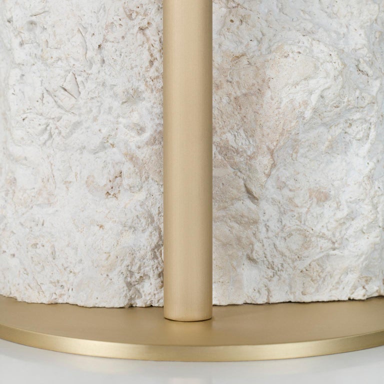 Pico Side Table S White Coral Color Stone Split Face Effect Brushed Brass Matte For Sale 1