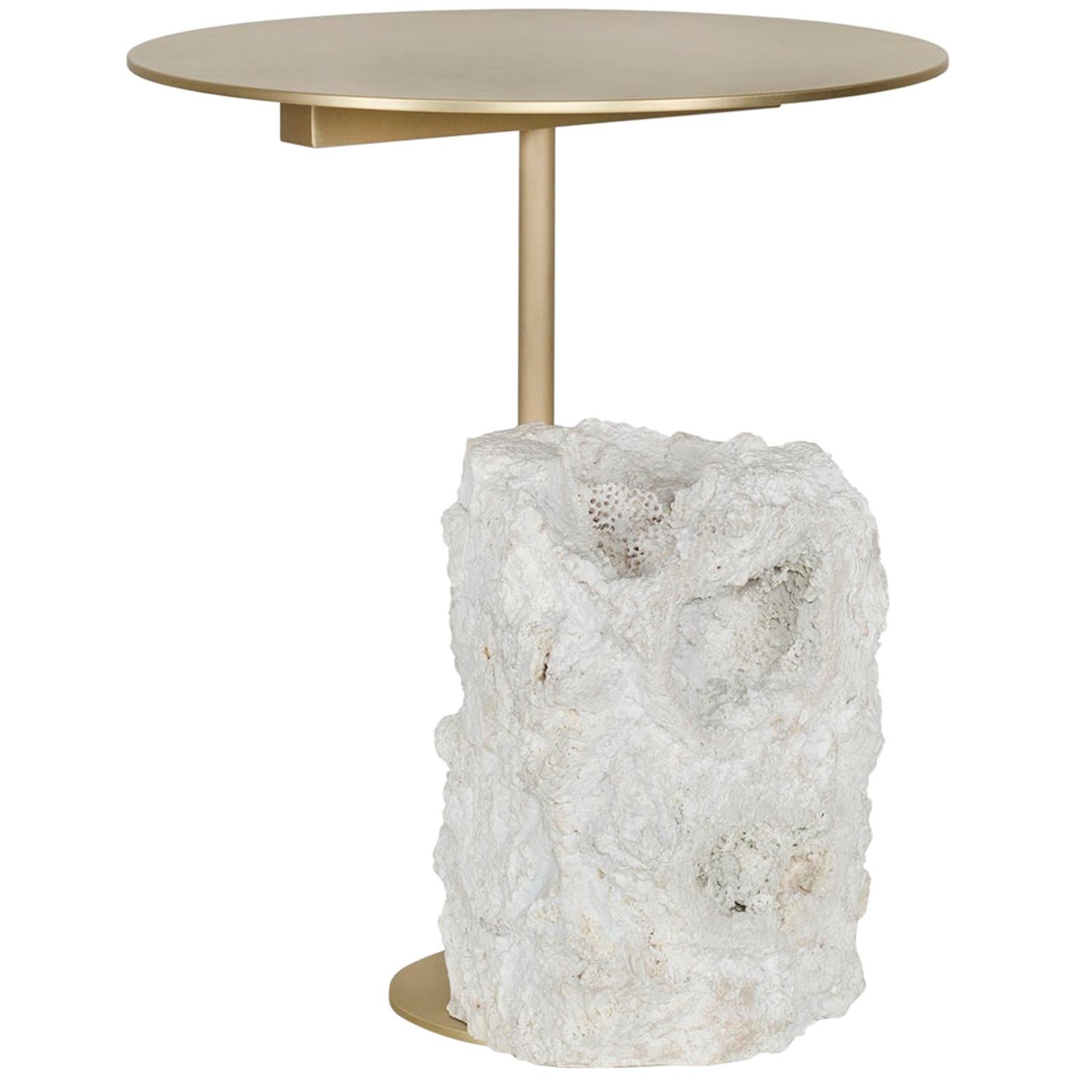 Pico Side Table S White Coral Color Stone Split Face Effect Brushed Brass Matte