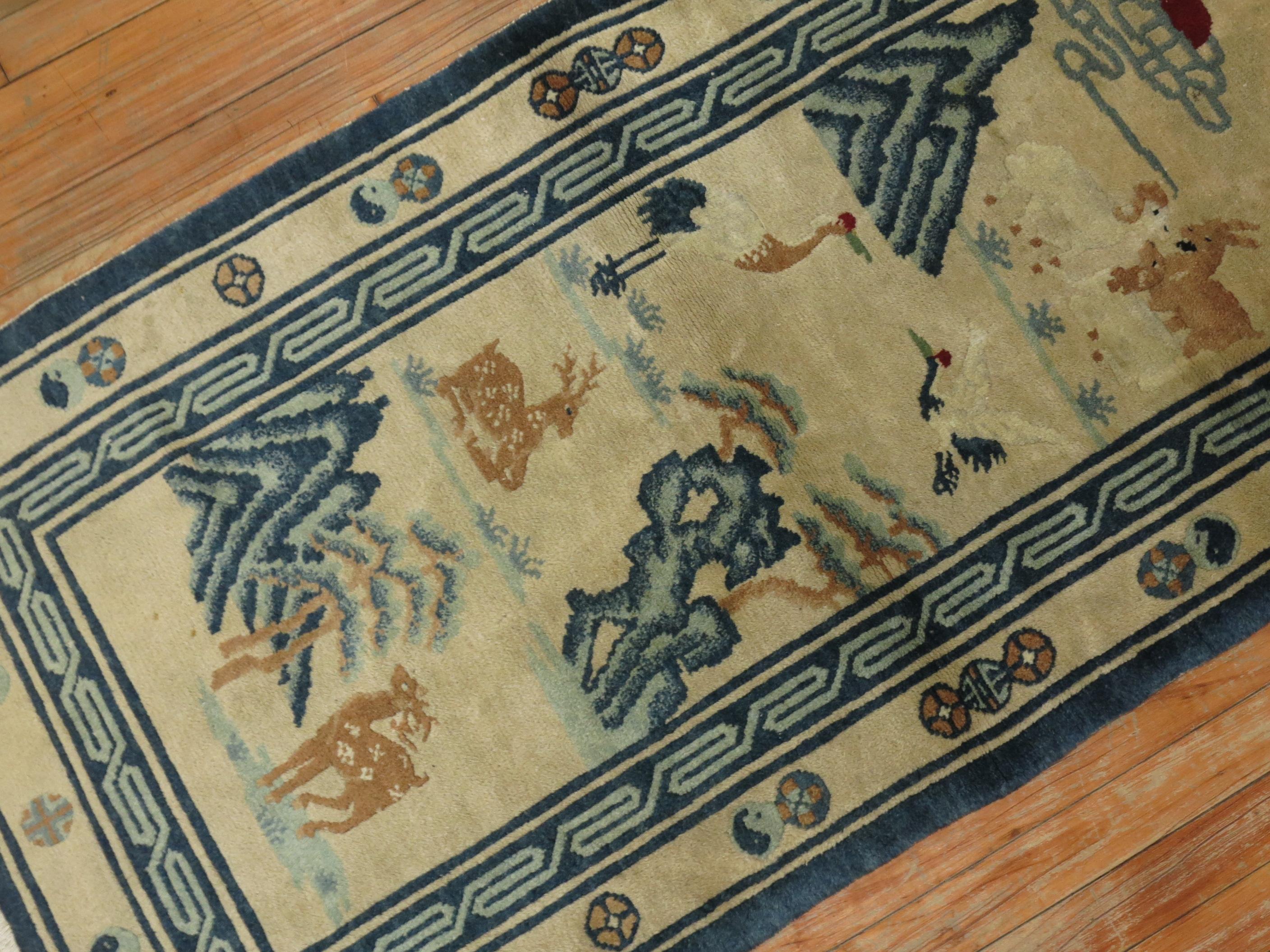 Hand-Woven Pictorial Animal Chinese Scatter Size Early 20th Century Rug For Sale
