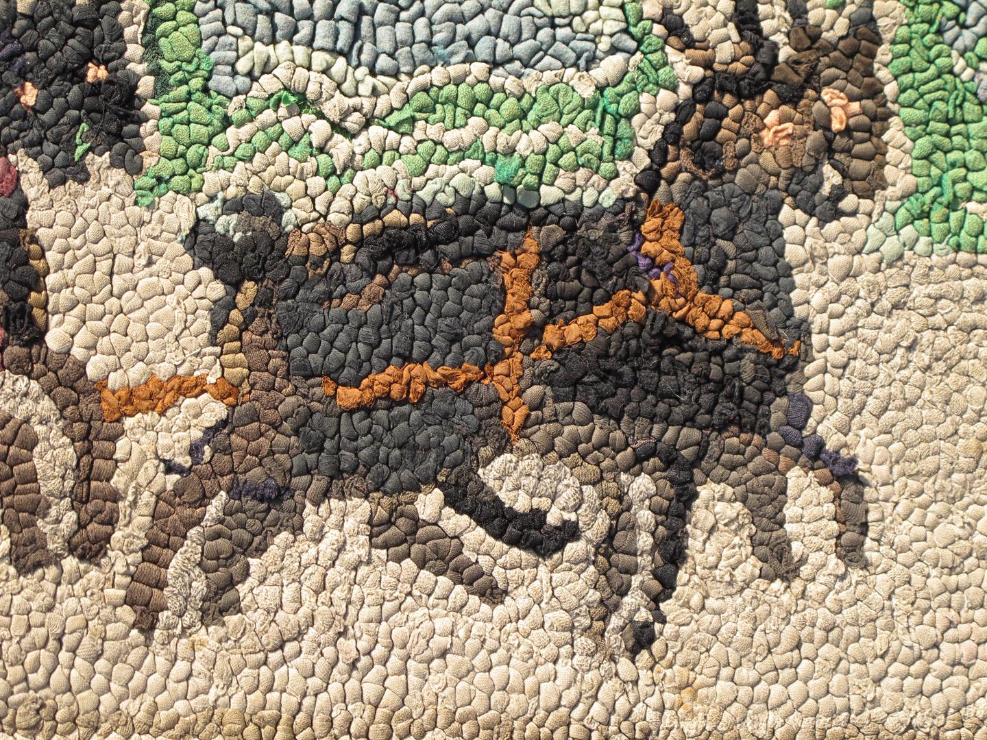 Purple, black, orange, green, brown and light tones in this antique American hooked rug with horse and buggy, rug H8-1104, country of origin / type: United States / Hooked, circa 1930

This colorful American hooked rug depicts a colonial horse and