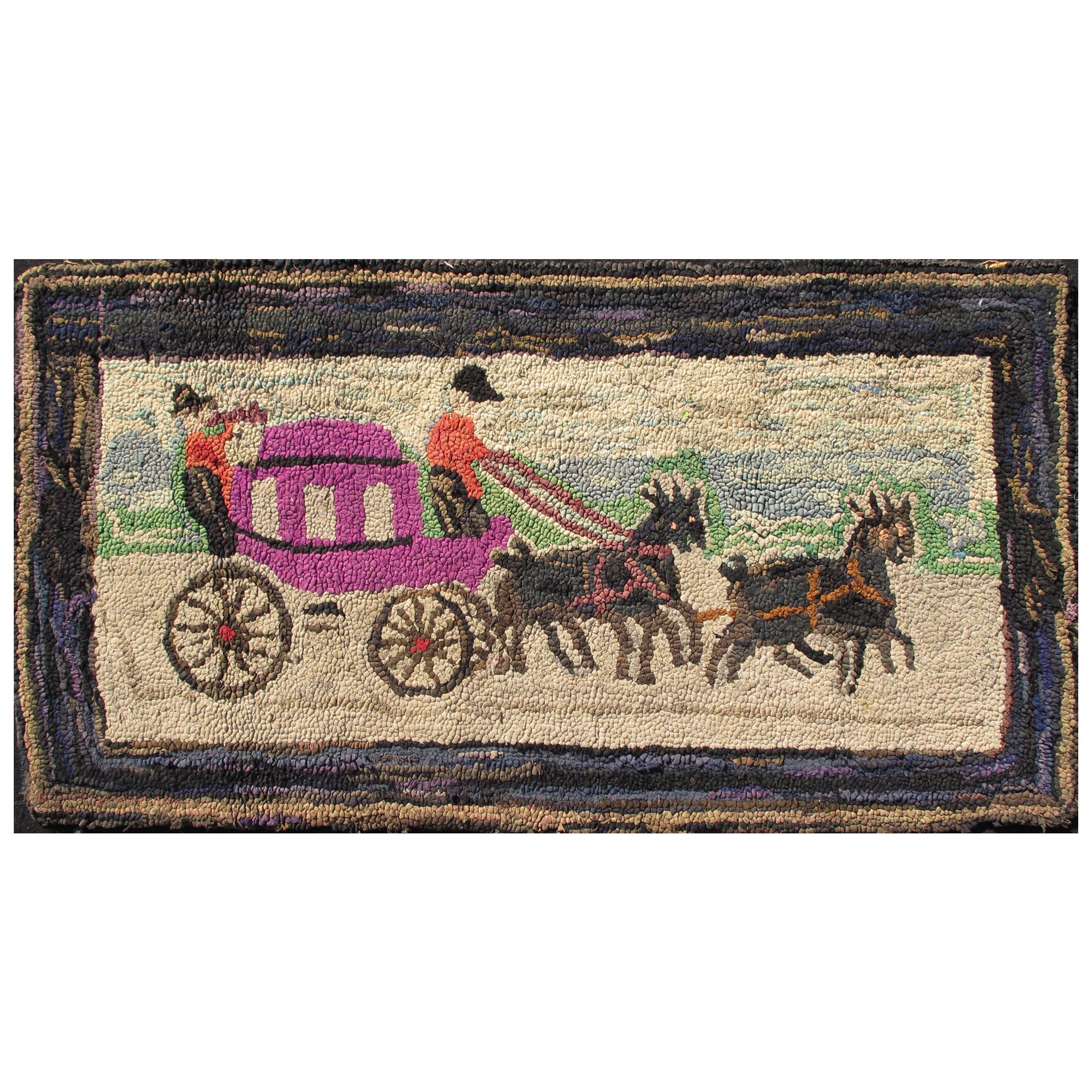 Pictorial Antique American Hooked Rug Horse & Buggy in Multi Colors For Sale