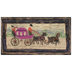 Pictorial - Tapis crocheté américain ancien - Cheval et cavalier en multicolore