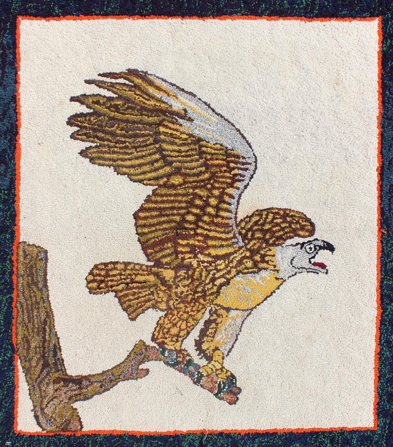 Hand-Woven Pictorial Antique American Hooked Rug Of A American Bald Eagle Hooked Rug For Sale