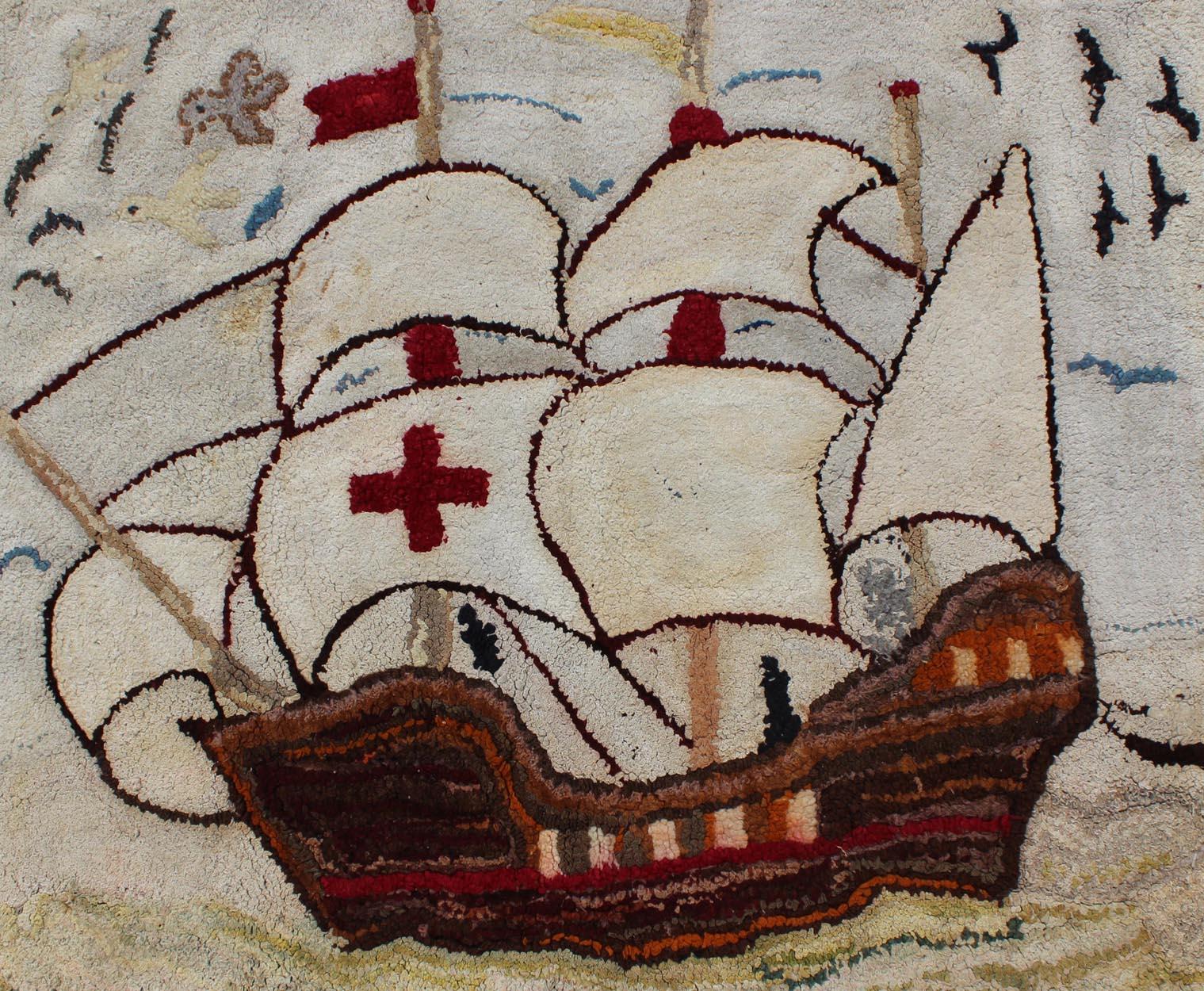 Alfombra Pictórica Enganchada Americana Antigua con Barco de los Caballeros Templarios en el Mar Estadounidense en venta