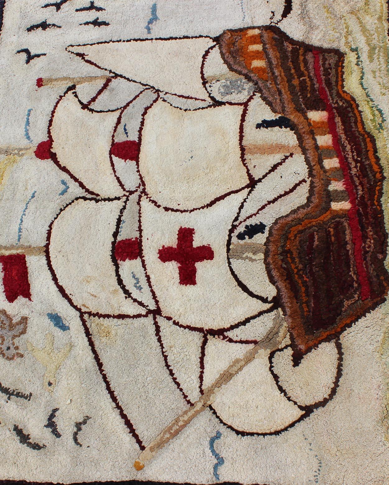 Hand-Woven Pictorial Antique American Hooked Rug with Knights Templar Ship at the Sea For Sale