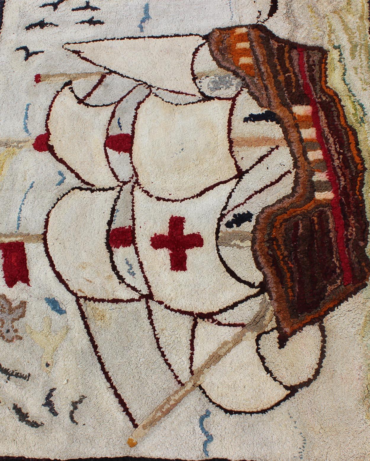Alfombra Pictórica Enganchada Americana Antigua con Barco de los Caballeros Templarios en el Mar Tejido a mano en venta