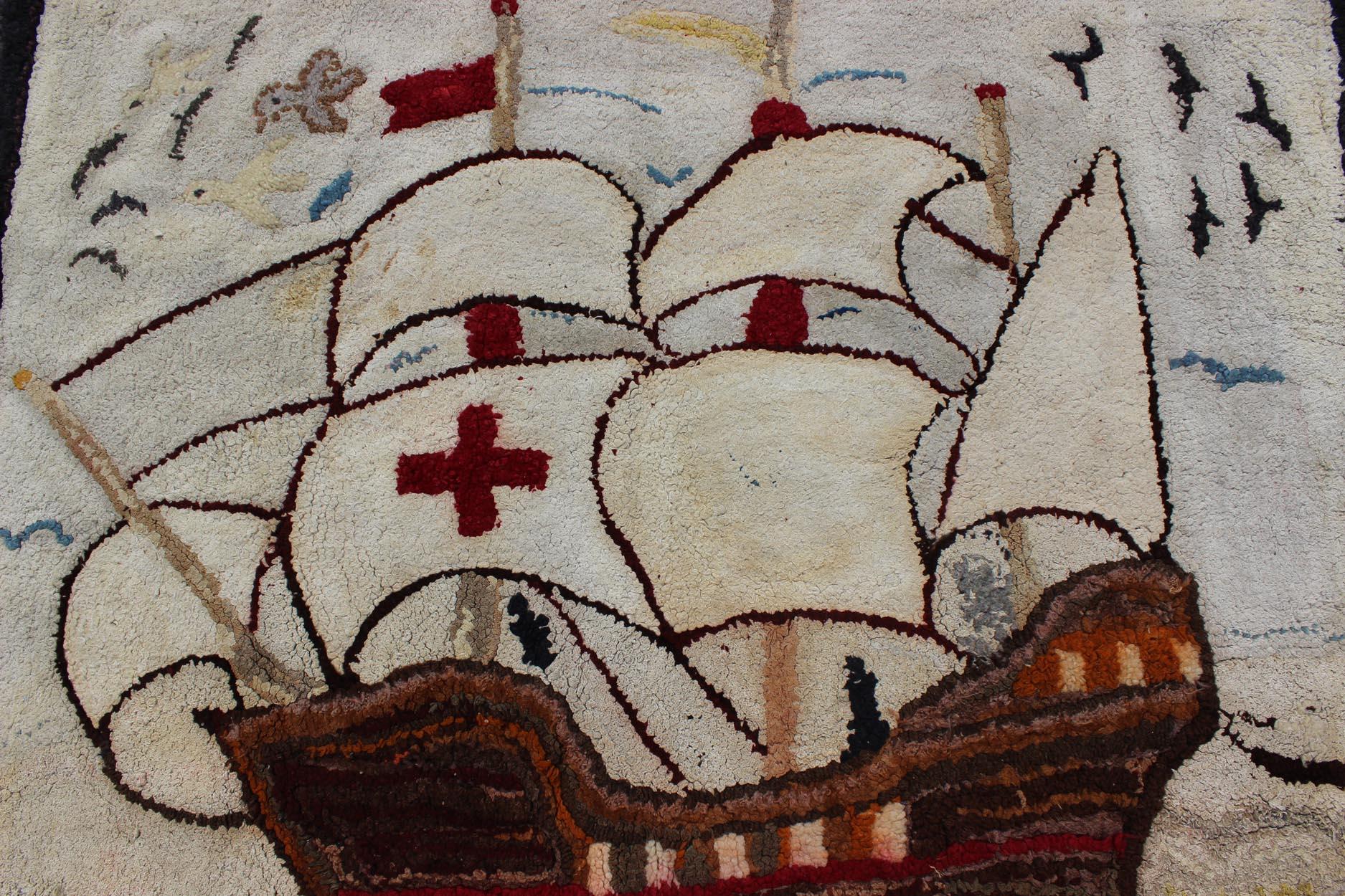 Pictorial Antique American Hooked Rug with Knights Templar Ship at the Sea In Excellent Condition For Sale In Atlanta, GA