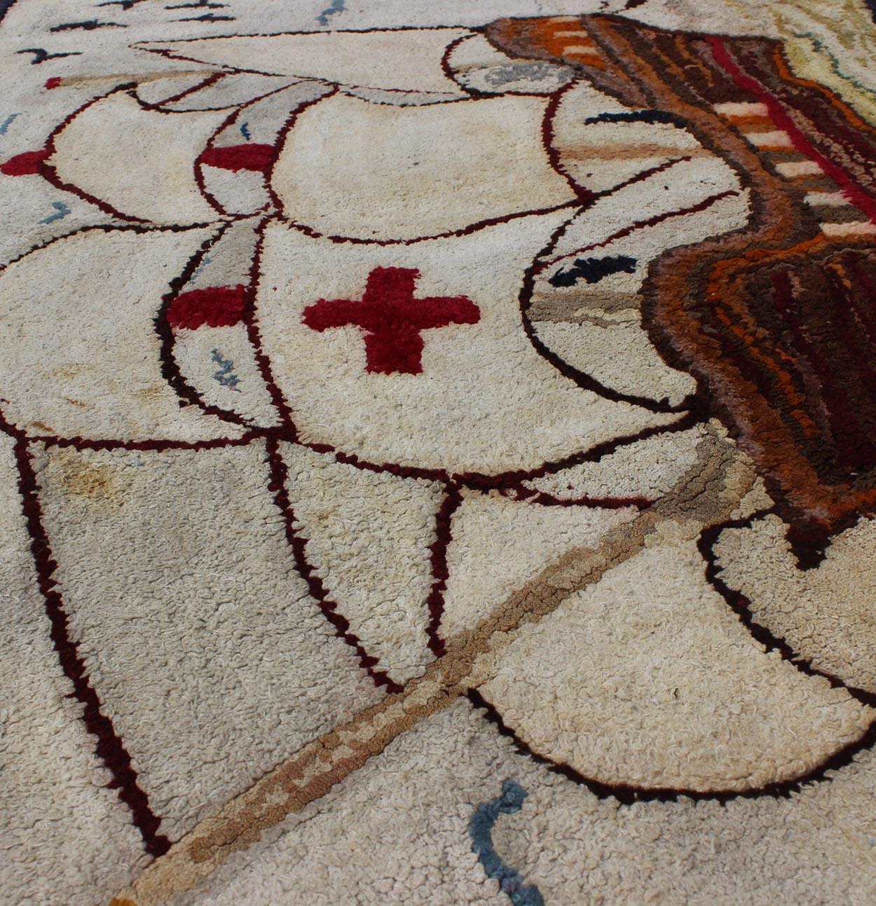 Alfombra Pictórica Enganchada Americana Antigua con Barco de los Caballeros Templarios en el Mar siglo XX en venta