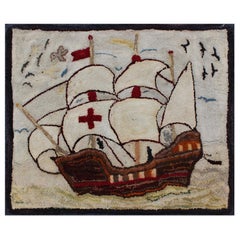 Pictorial Antique American Hooked Rug with Knights Templar Ship at the Sea