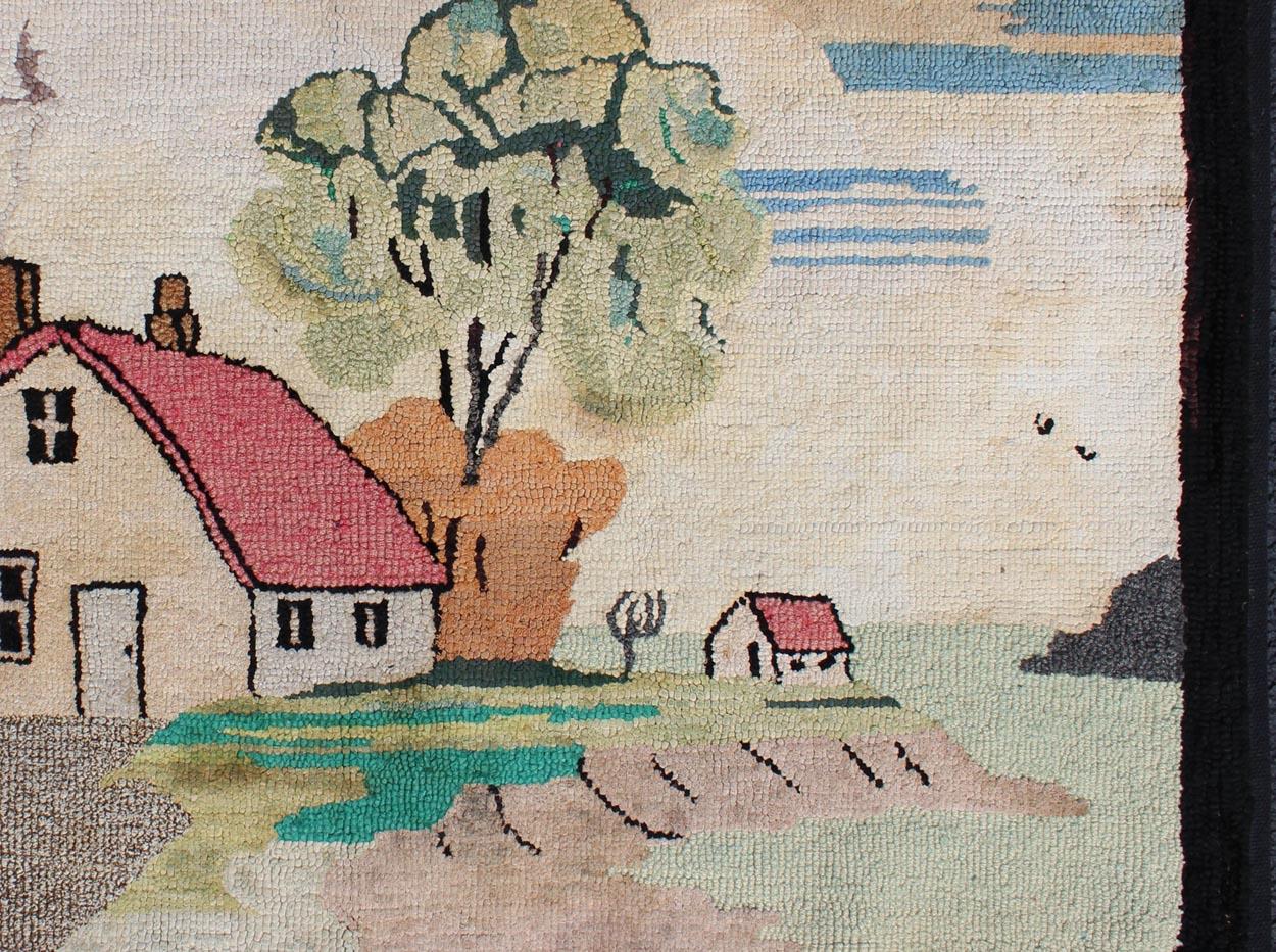 Antique American hooked rug with large ship design at the sea, rug S12-0407, country of origin / type: United States / Hooked, circa 1930

This colorful American hooked rug depicts a colonial farm house with a barn on and edge of a lake or ocean.