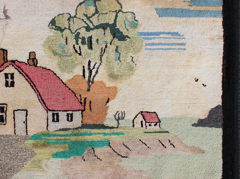 Pictorial Antique American Hooked Rug with Old Farm House Setting For ...