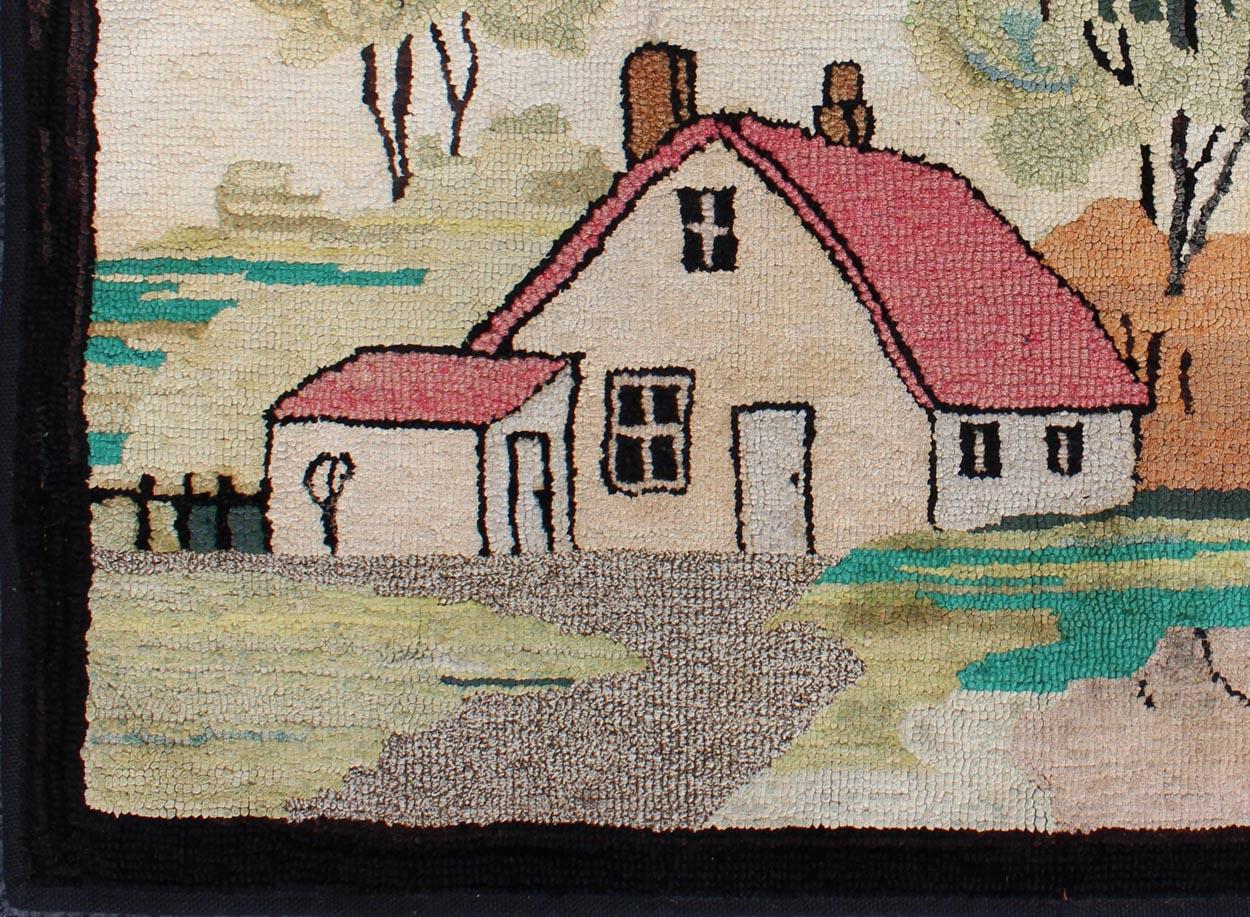 American Colonial Pictorial Antique American Hooked Rug with Old Farm House Setting For Sale