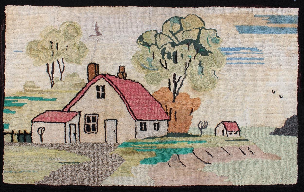 Hand-Woven Pictorial Antique American Hooked Rug with Old Farm House Setting For Sale