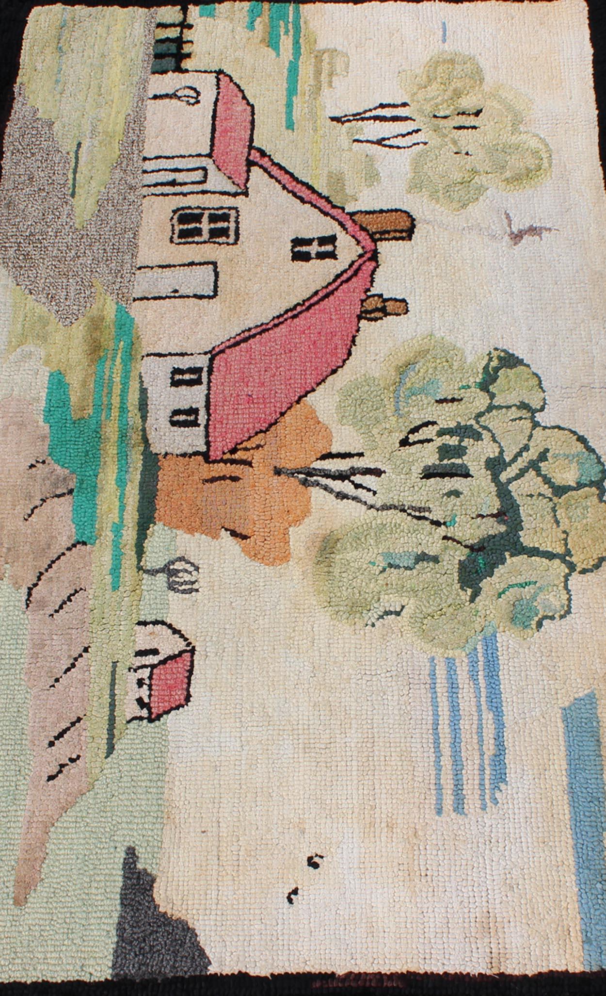 Pictorial Antique American Hooked Rug with Old Farm House Setting In Excellent Condition For Sale In Atlanta, GA
