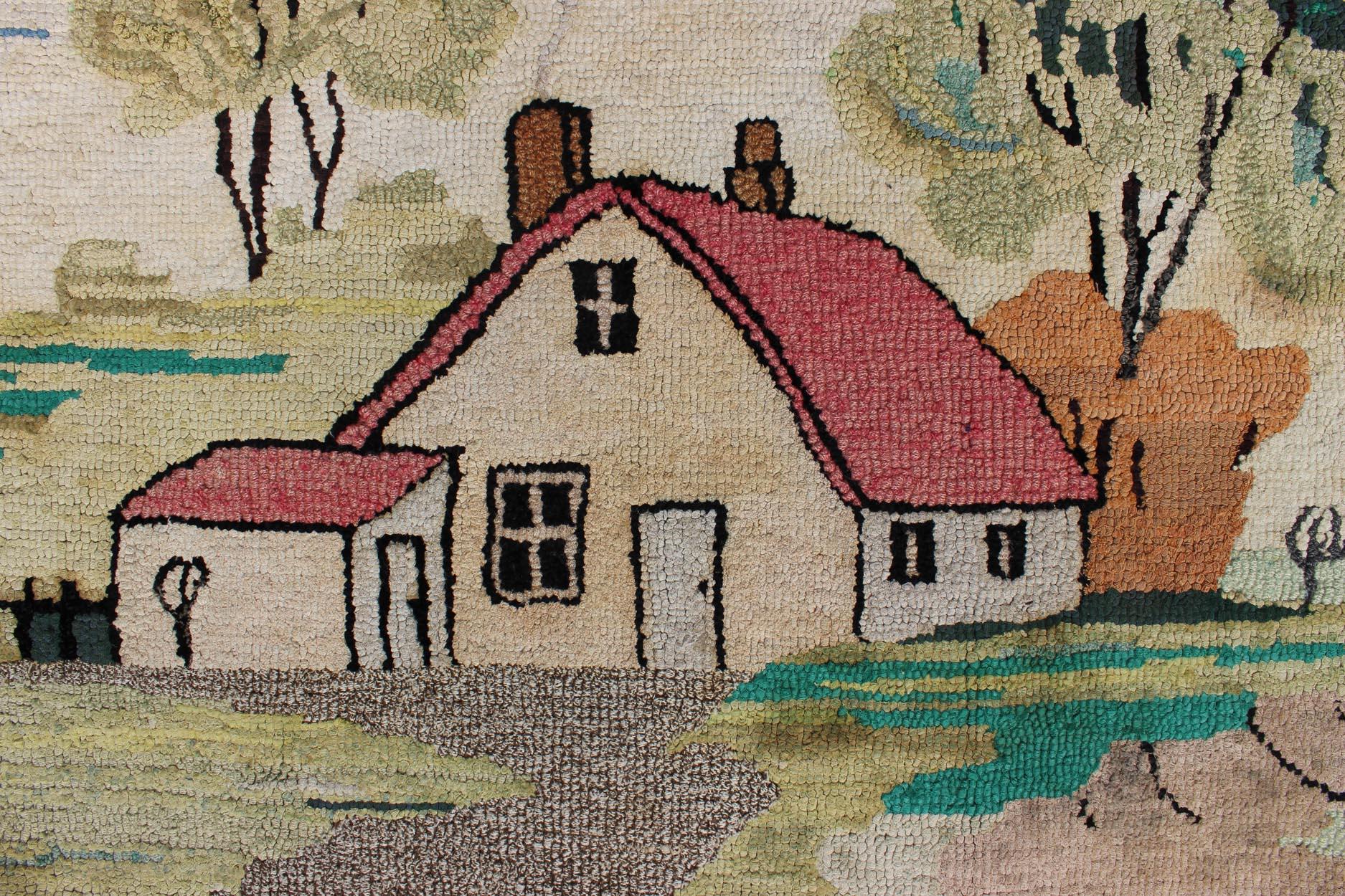 20th Century Pictorial Antique American Hooked Rug with Old Farm House Setting For Sale