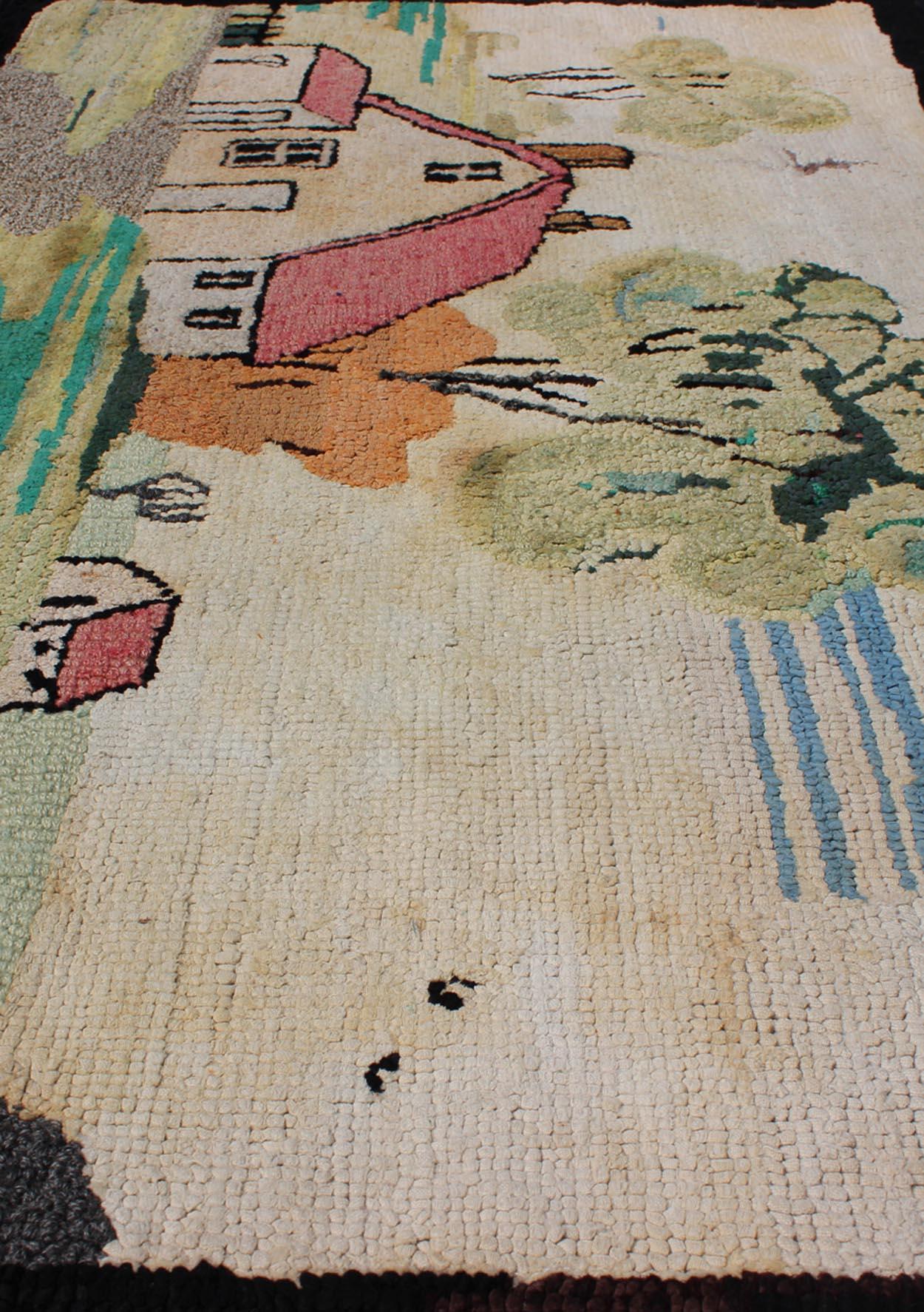 Cotton Pictorial Antique American Hooked Rug with Old Farm House Setting For Sale