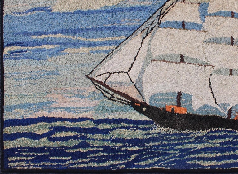 Pictorial Antique American Hooked Rug with Ship at Sea Design For Sale