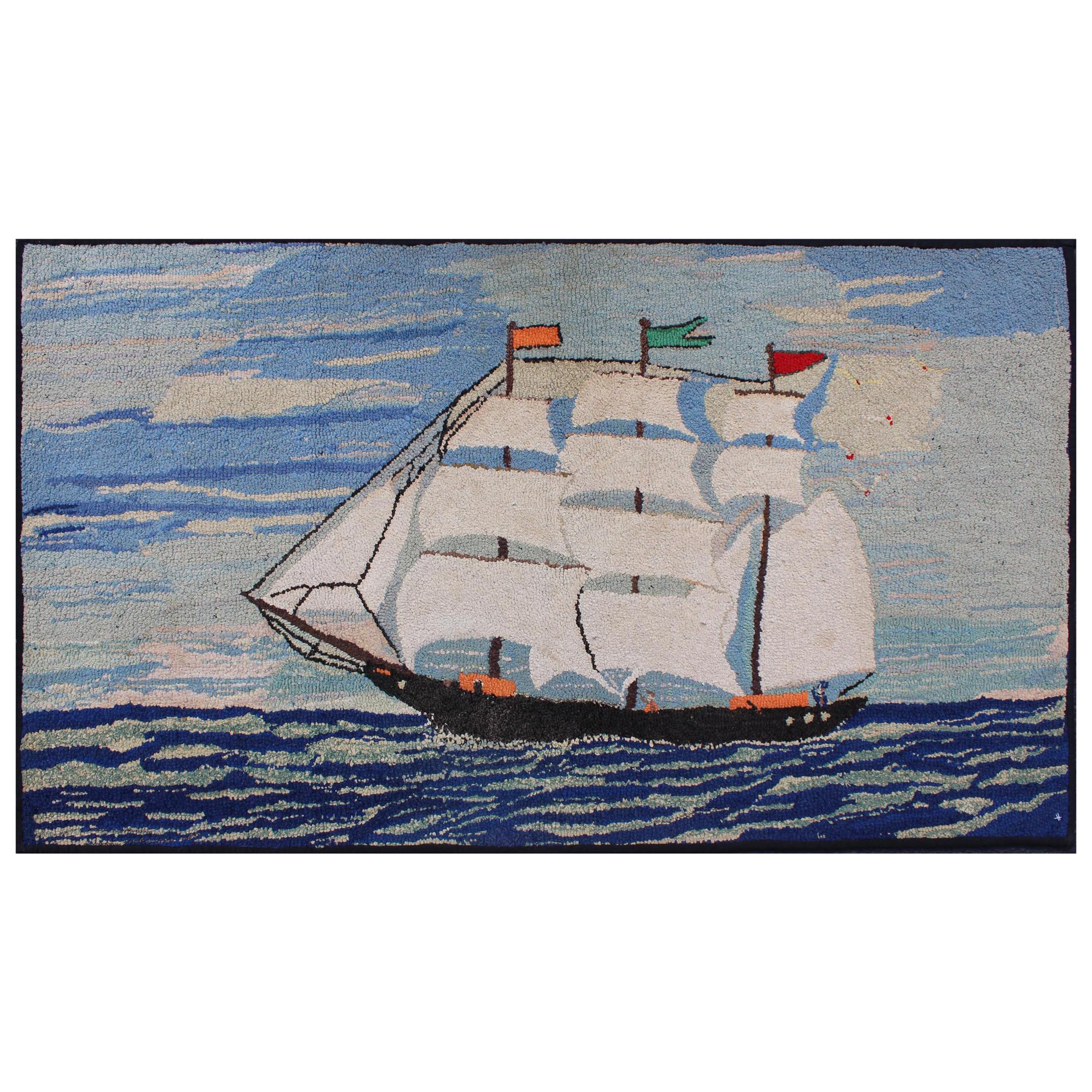 Pictorial Antique American Hooked Rug with Ship at Sea Design