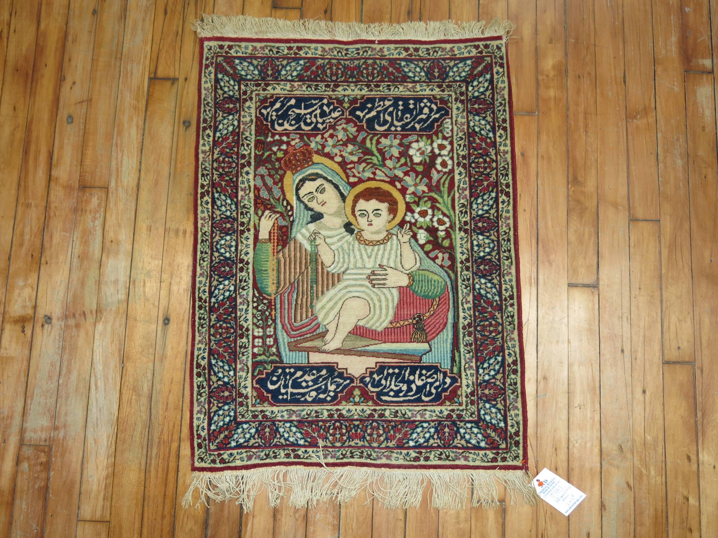 Expressionist Pictorial Antique Lavar Kerman Rug with Mother Mary and Jesus Christ