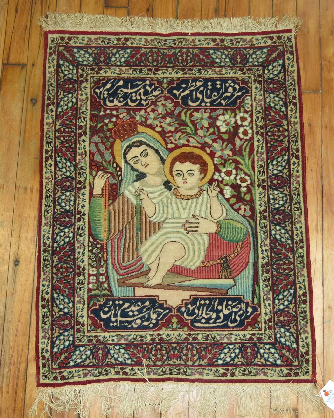 Persian Pictorial Antique Lavar Kerman Rug with Mother Mary and Jesus Christ