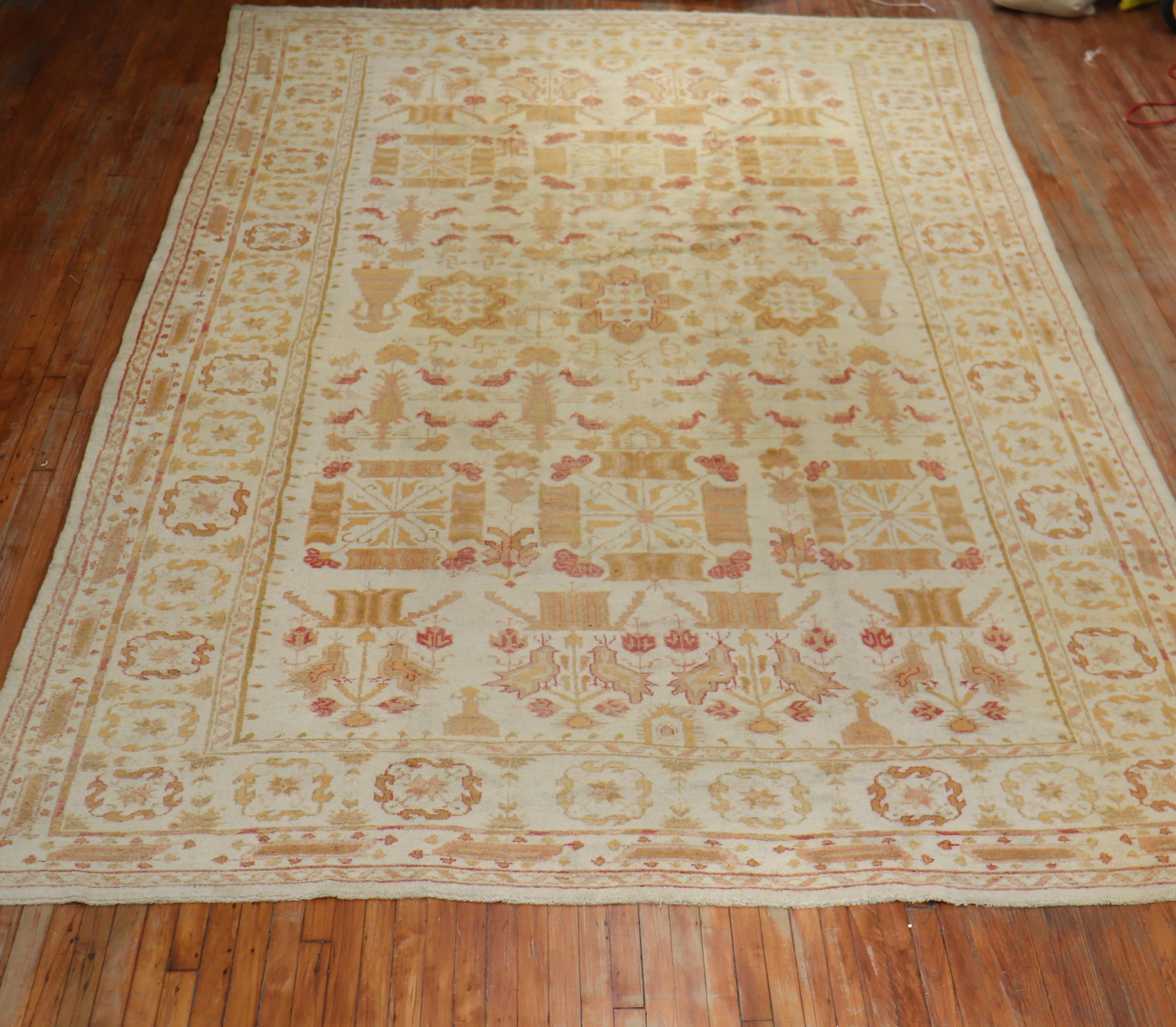 Hand-Knotted Pictorial Antique Oushak Rug For Sale