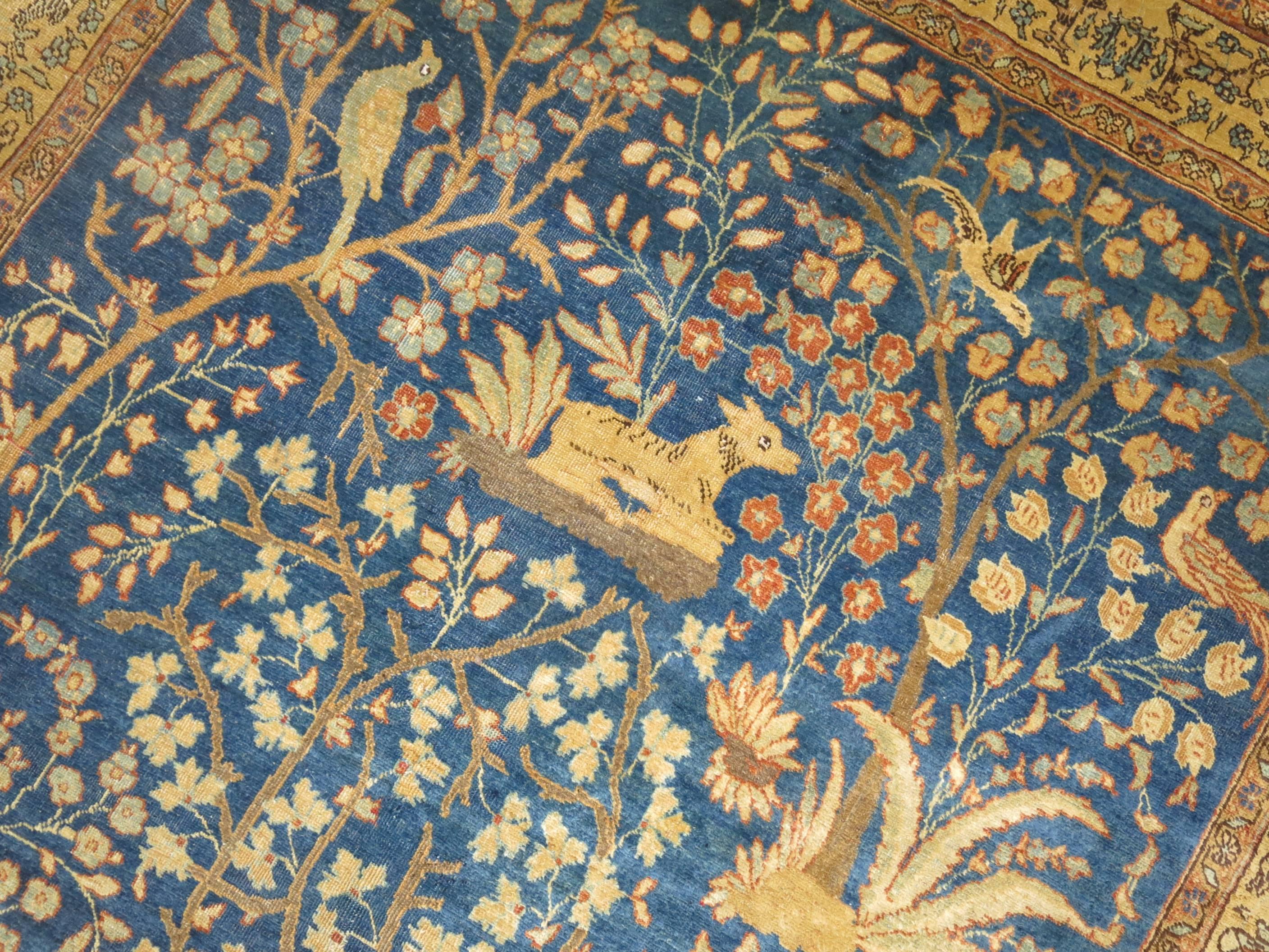 Folk Art Pictorial Antique Persian Tabriz Carpet in Blue