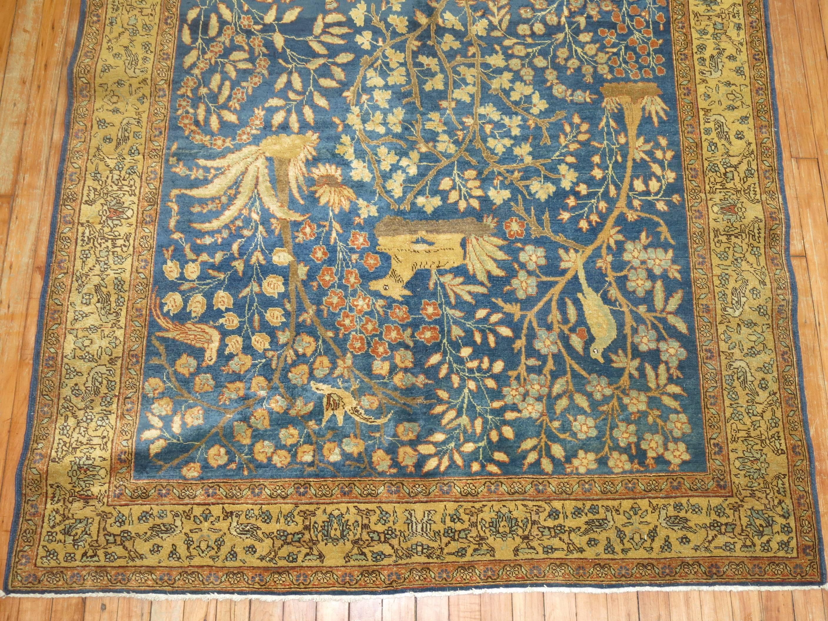 Hand-Woven Pictorial Antique Persian Tabriz Carpet in Blue