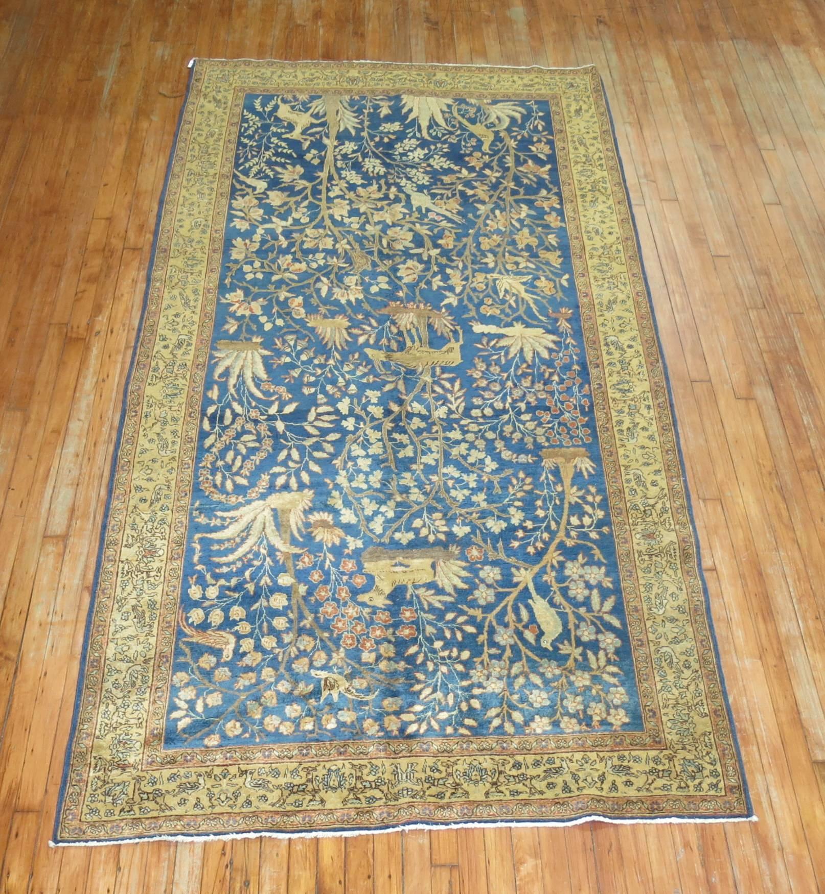 Pictorial Antique Persian Tabriz Carpet in Blue In Excellent Condition In New York, NY