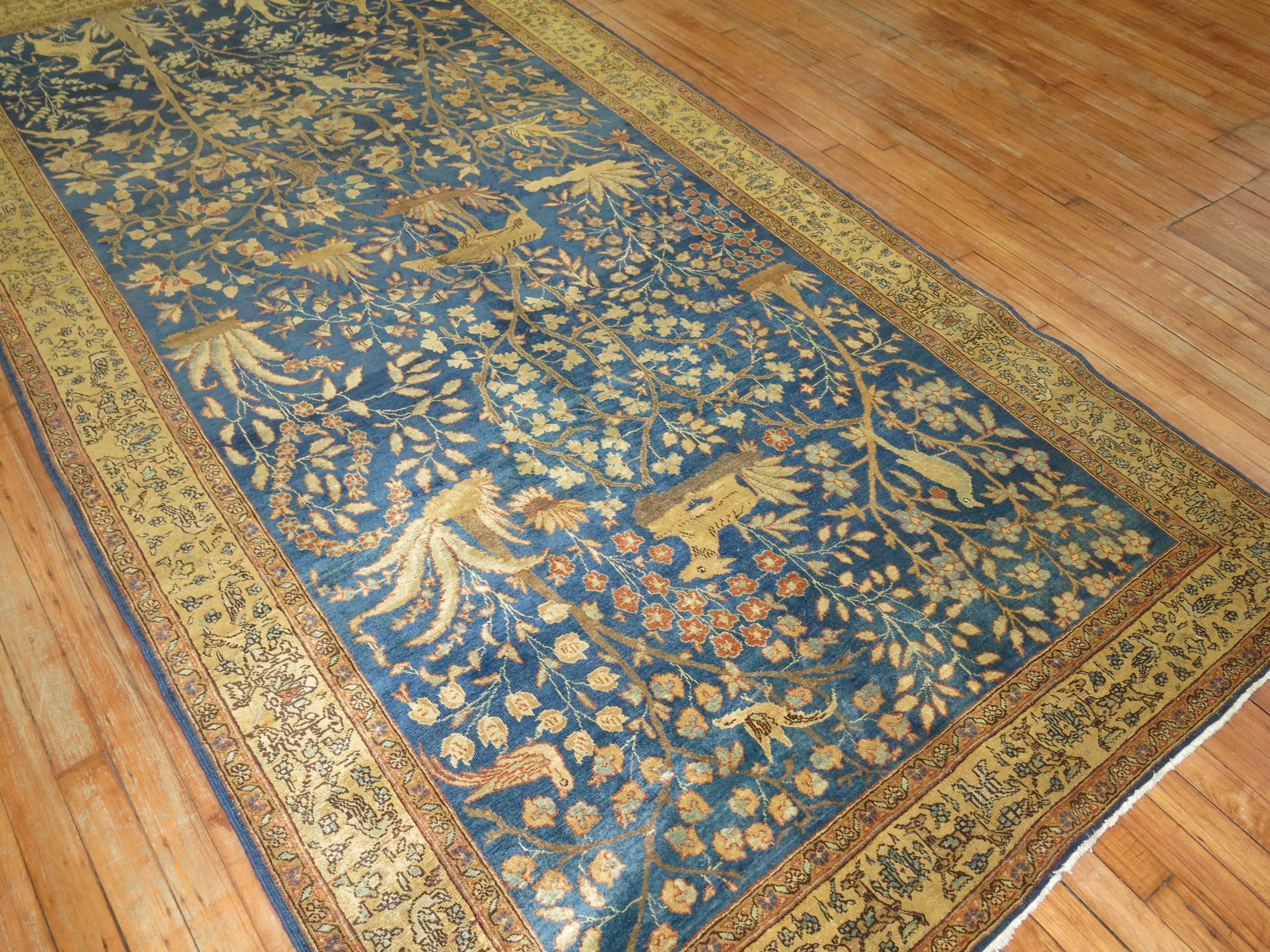 20th Century Pictorial Antique Persian Tabriz Carpet in Blue