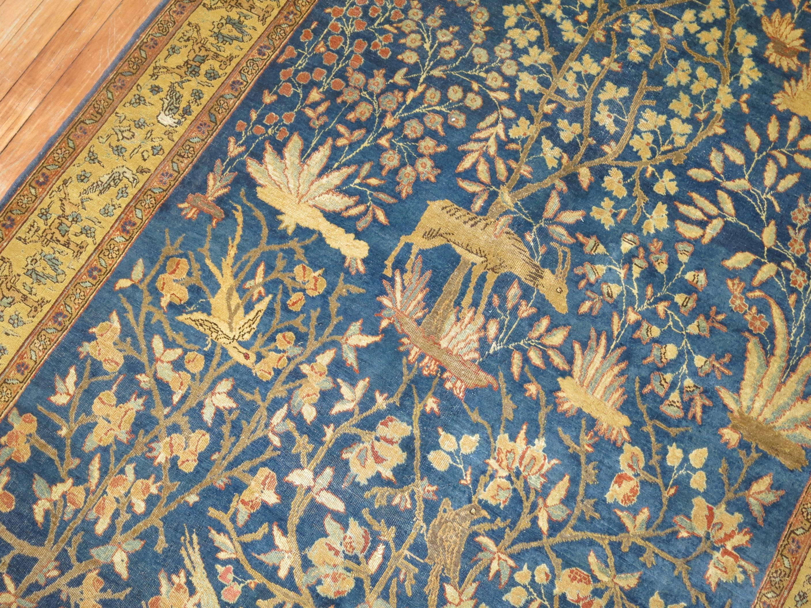 Wool Pictorial Antique Persian Tabriz Carpet in Blue
