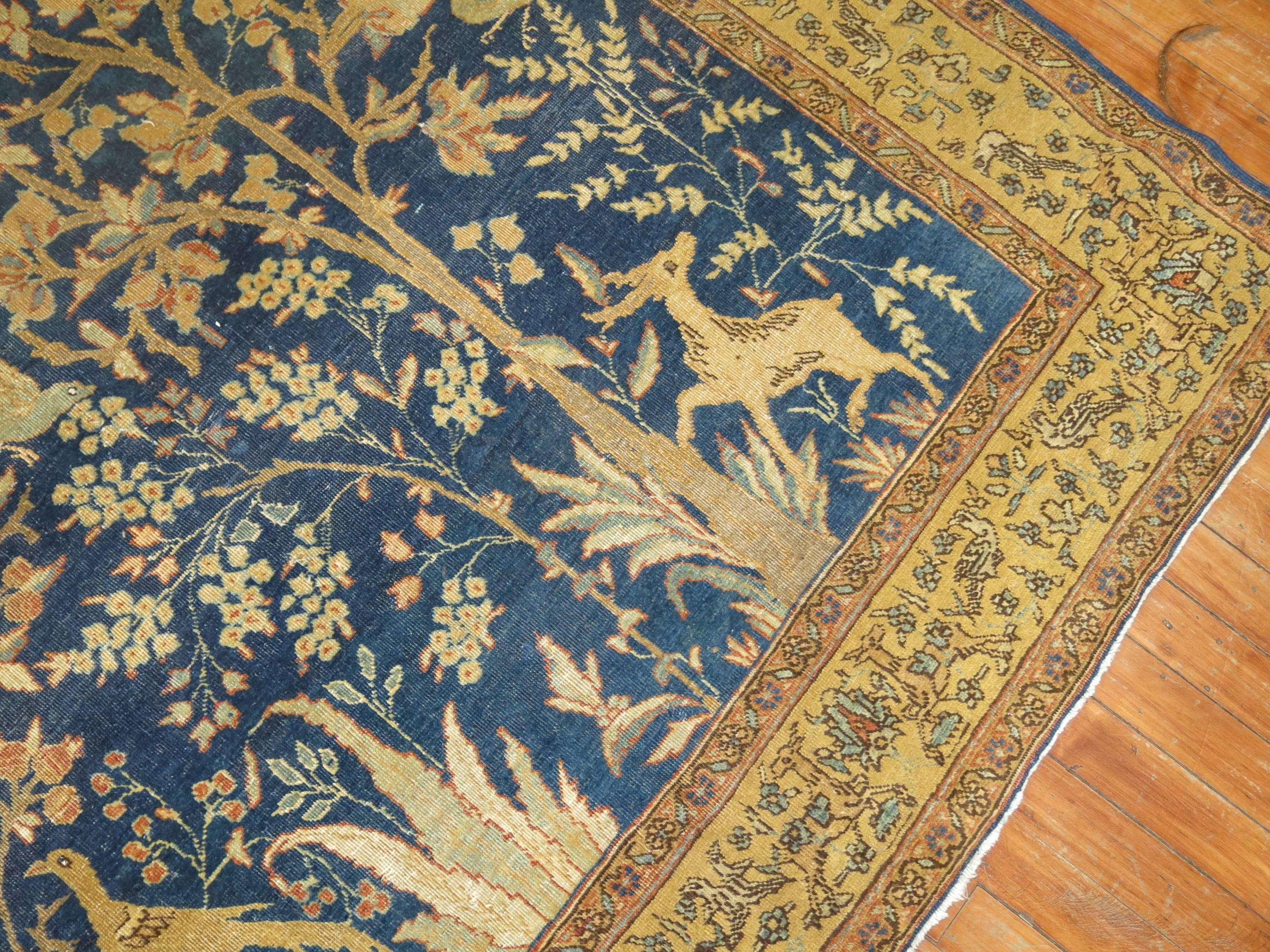 Pictorial Antique Persian Tabriz Carpet in Blue 1