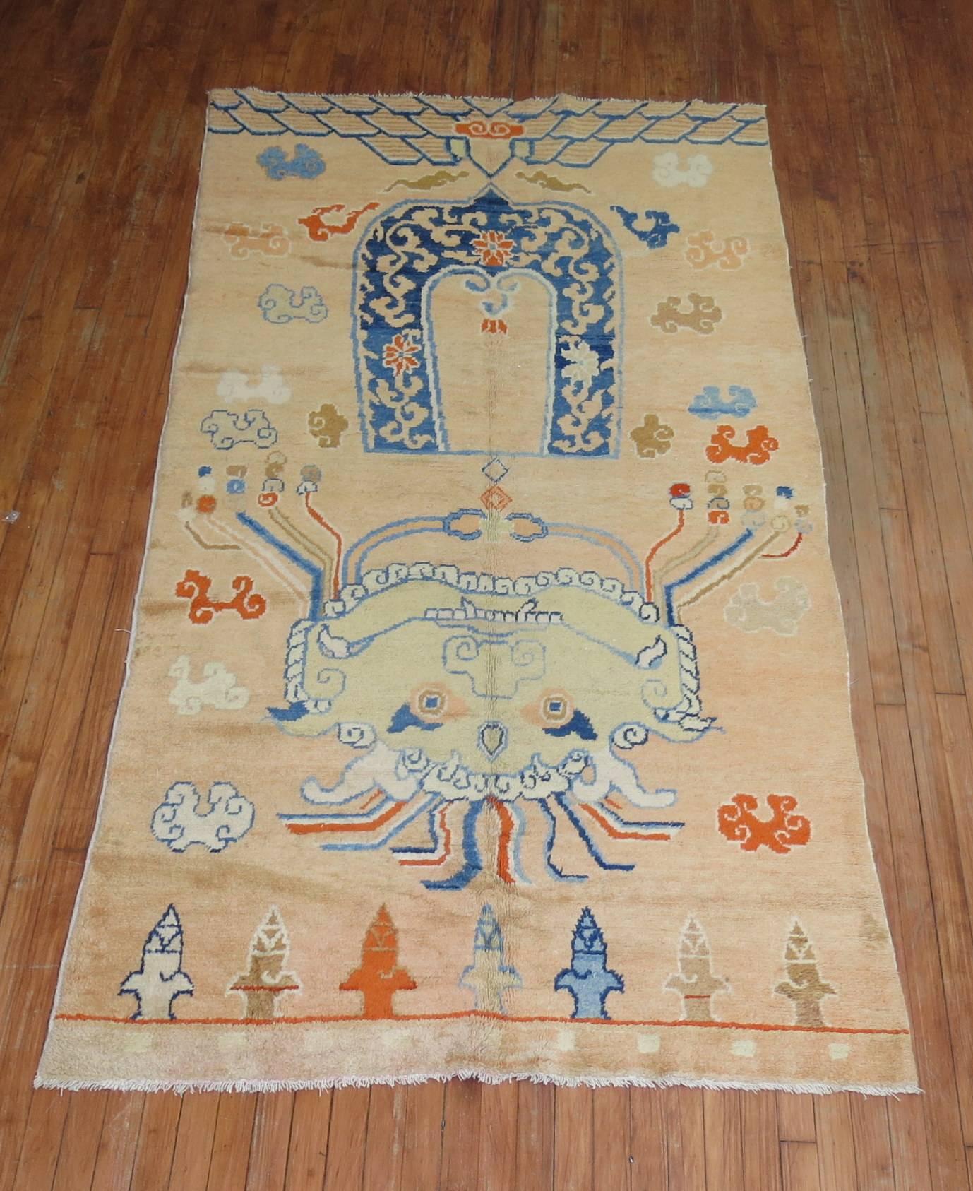 Very unusual full pile pictorial Tibetan rug with what’s look to be a Buddhist figure.