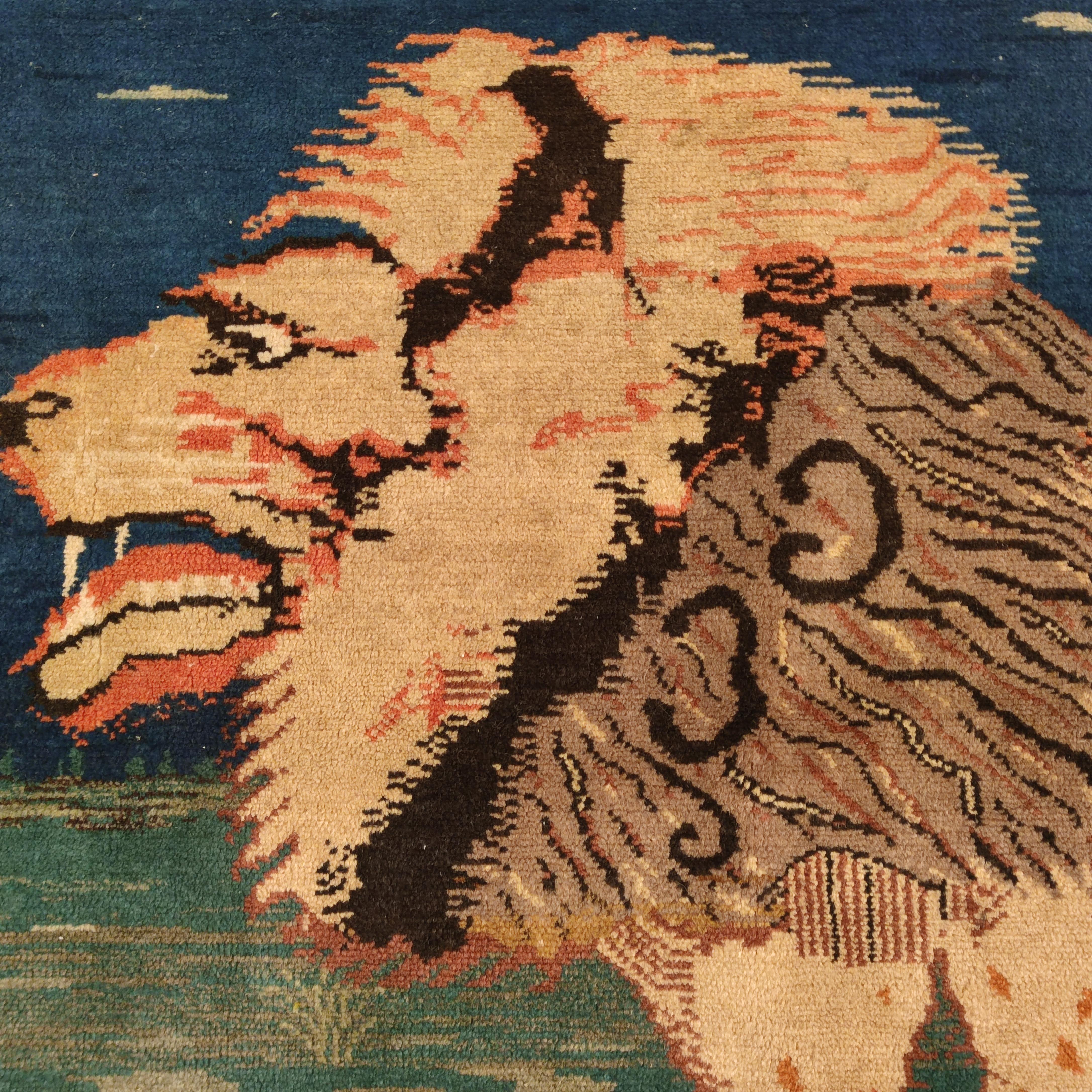 Hand-Knotted Pictorial Caucasian Lion Rug Signed Zolfi Oghly Rajab, Shirvan, Dated 1955