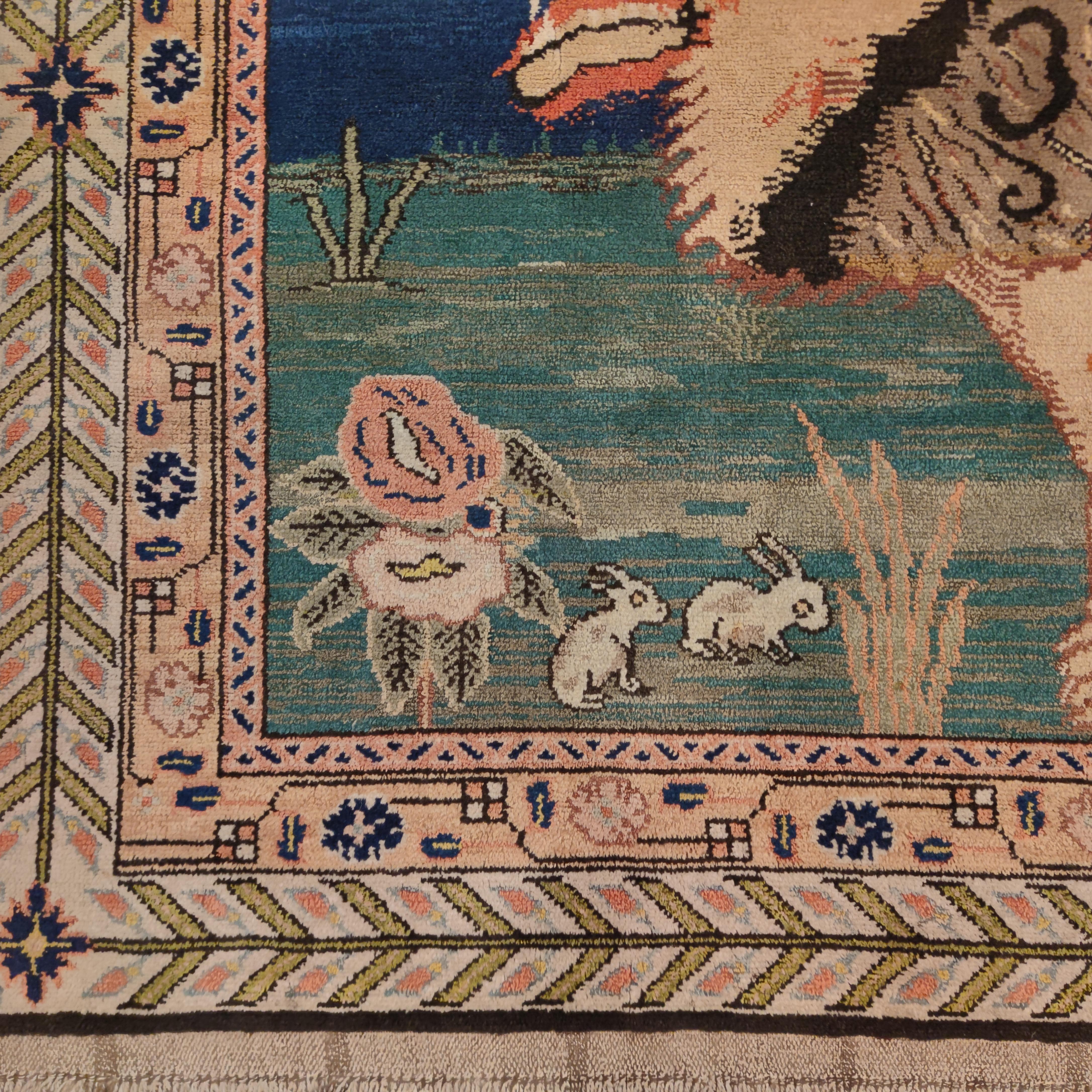 Pictorial Caucasian Lion Rug Signed Zolfi Oghly Rajab, Shirvan, Dated 1955 In Excellent Condition In Milan, IT