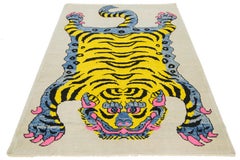 Art Deco Hand-Knotted Wool Rug, Beige Tiger Design, 5'5\" x 7'8\"