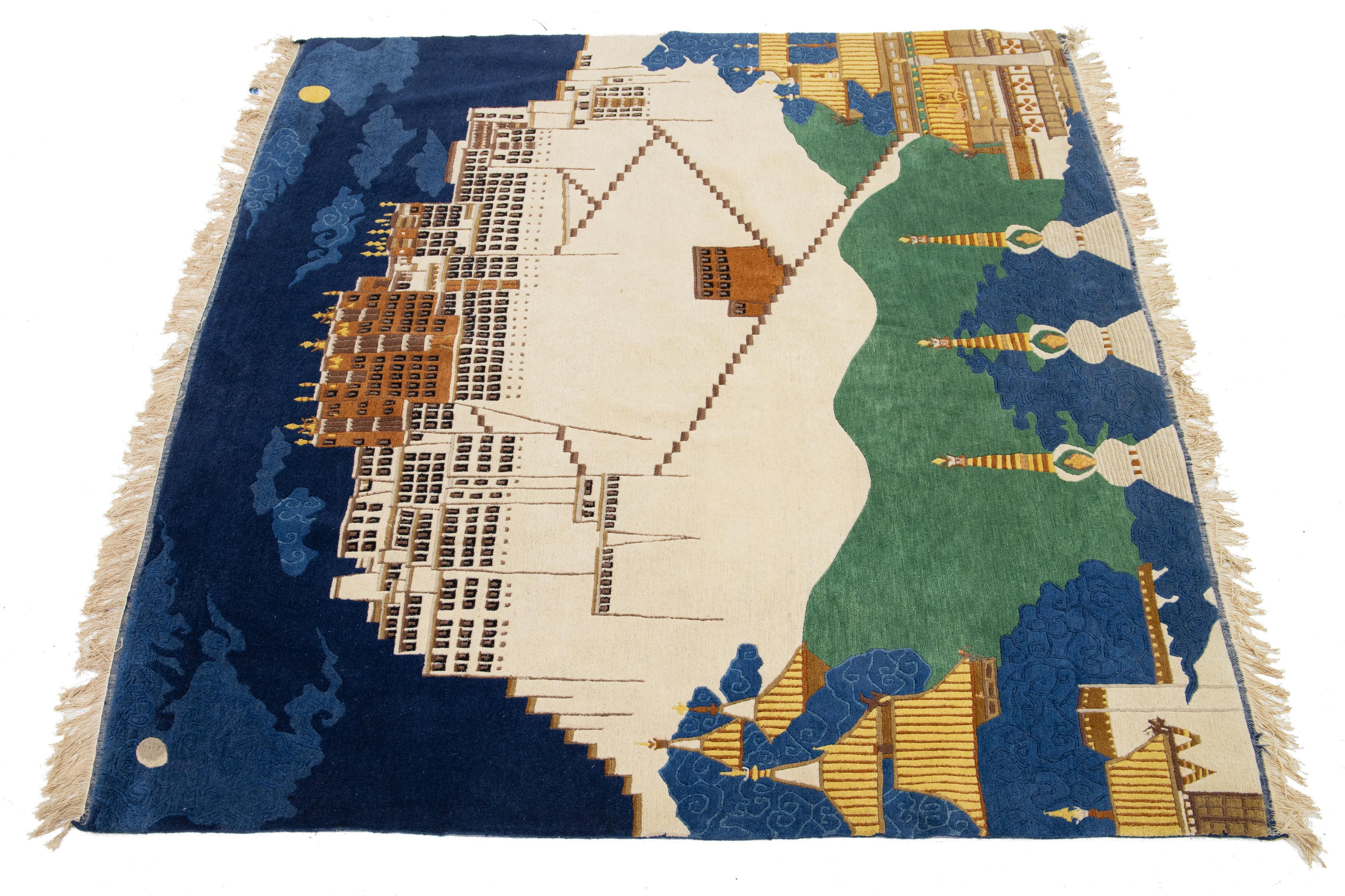 This antique Nepalese rug features a pictorial all-over design that depicts landscapes, historical events, and daily life scenes. It is often crafted from wool or silk. It has fine details, vibrant colors, and a beautiful pattern, making it the