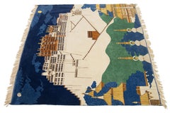 Pictorial Designed Vintage  Nepalese Square Wool Rug In Beige And Blue