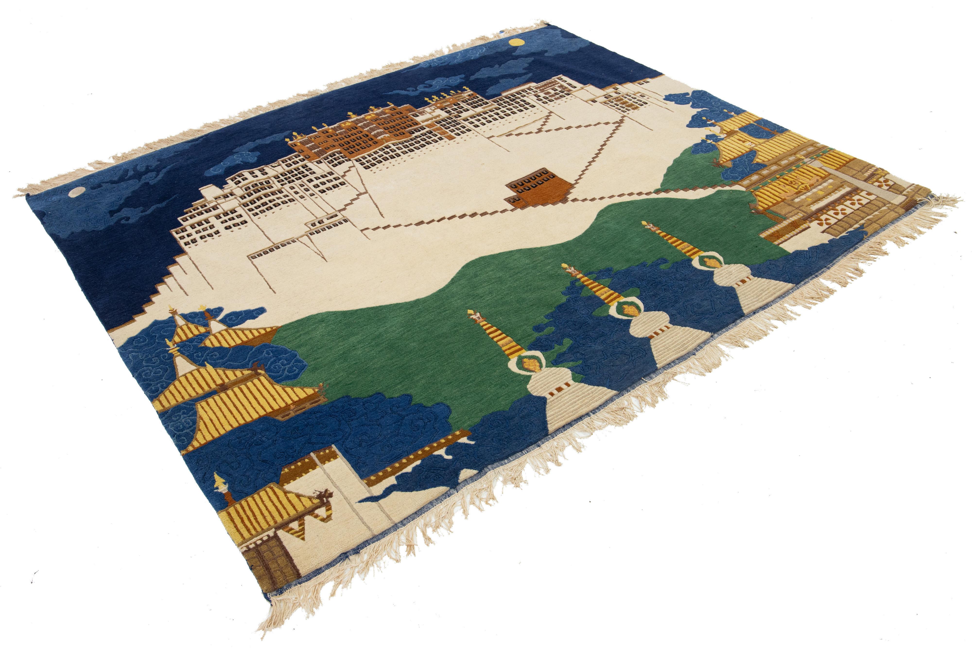 Modern Pictorial Designed Vintage  Nepalese Square Wool Rug In Beige And Blue For Sale