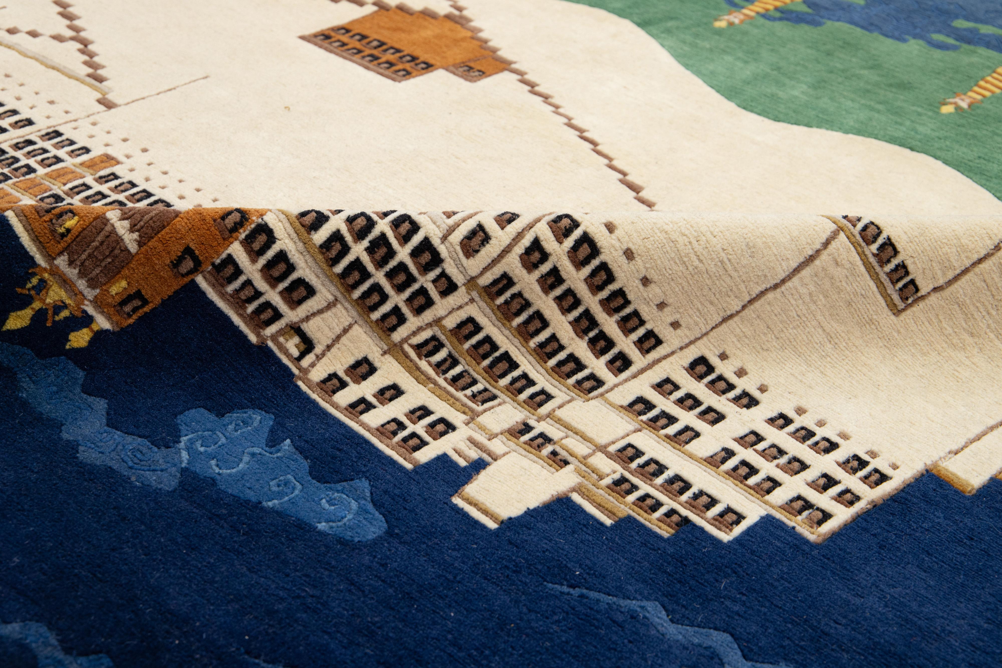 Hand-Knotted Pictorial Designed Vintage  Nepalese Square Wool Rug In Beige And Blue For Sale