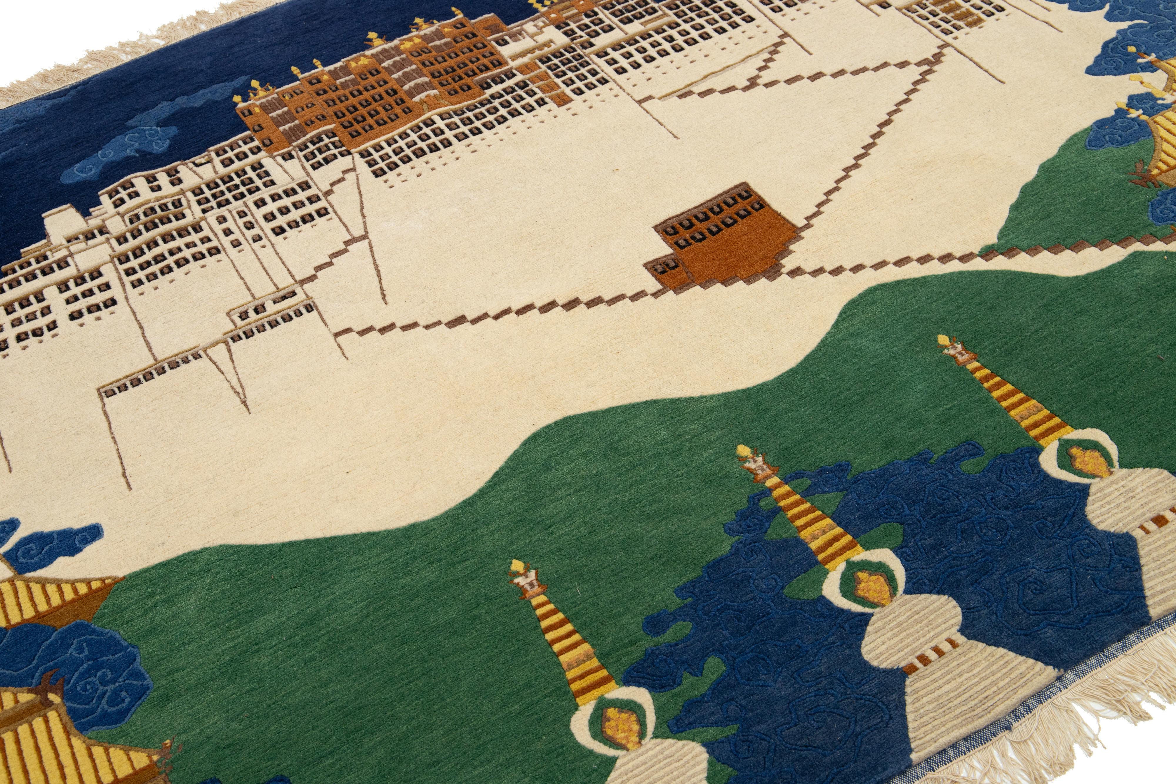 Pictorial Designed Vintage  Nepalese Square Wool Rug In Beige And Blue In Excellent Condition For Sale In Norwalk, CT