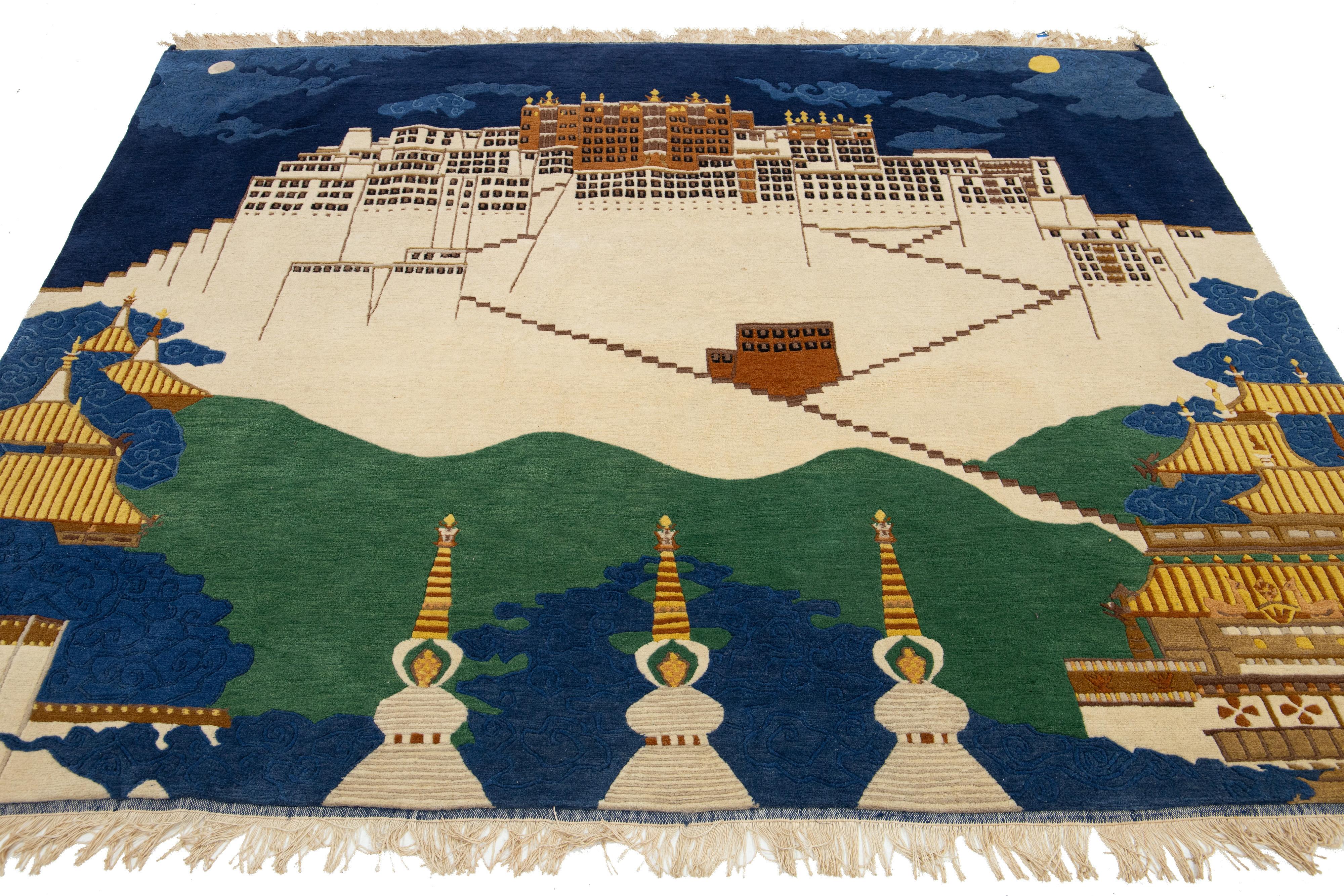 Mid-20th Century Pictorial Designed Vintage  Nepalese Square Wool Rug In Beige And Blue For Sale