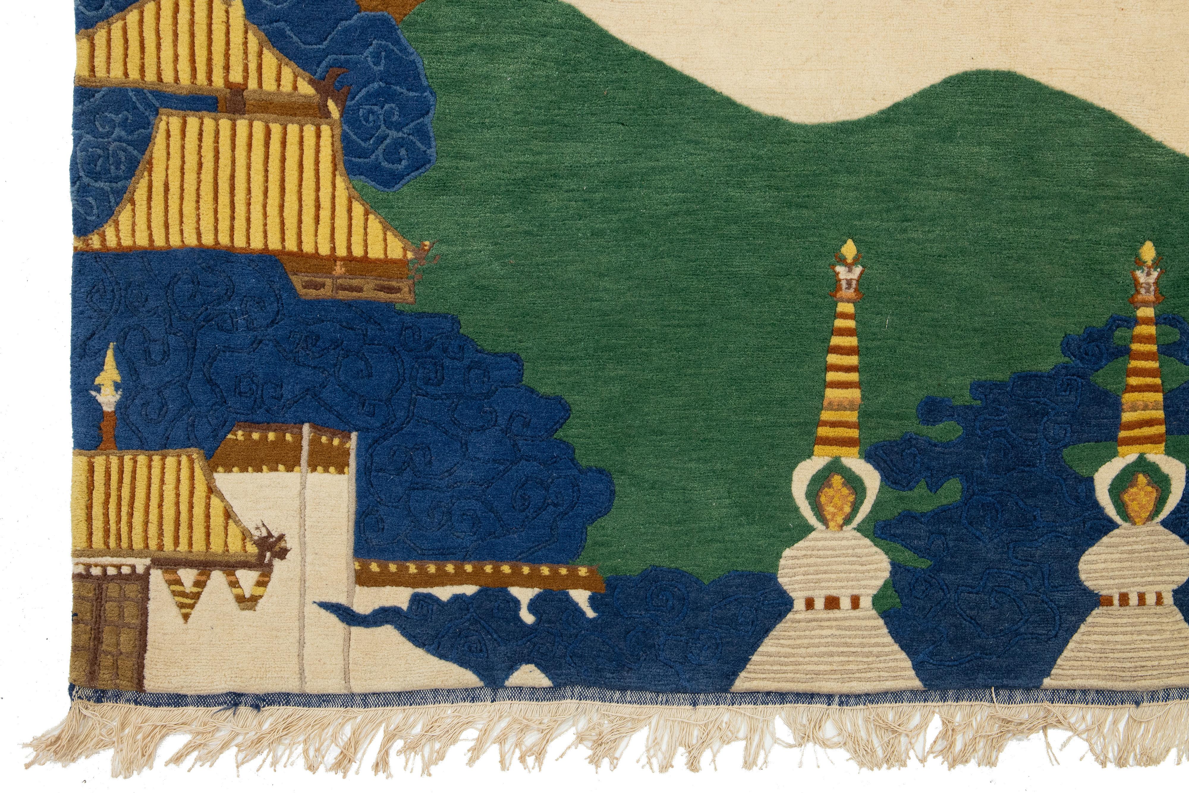 Pictorial Designed Vintage  Nepalese Square Wool Rug In Beige And Blue For Sale 1