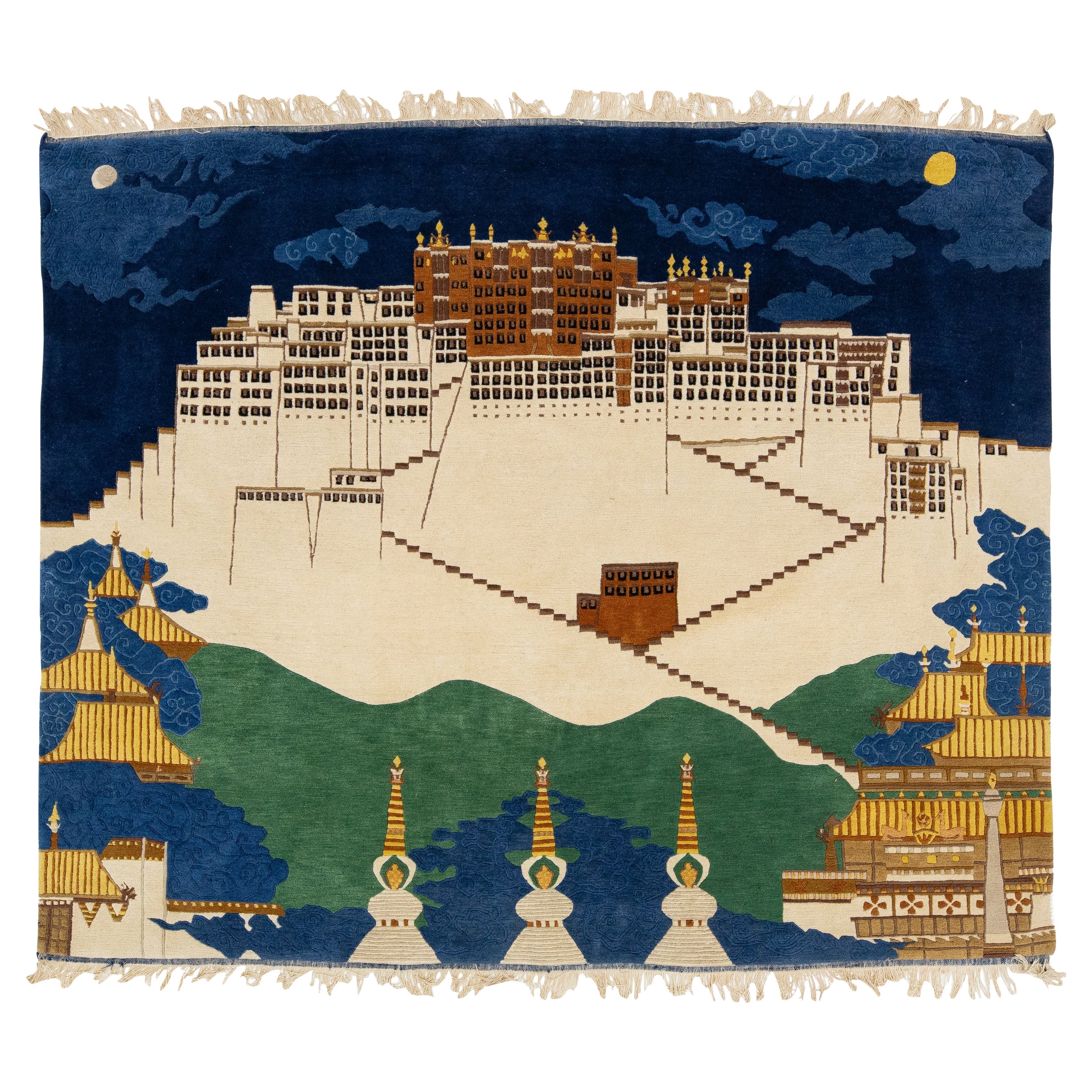 Pictorial Designed Vintage  Nepalese Square Wool Rug In Beige And Blue For Sale