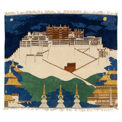 Pictorial Designed Vintage  Nepalese Square Wool Rug In Beige And Blue