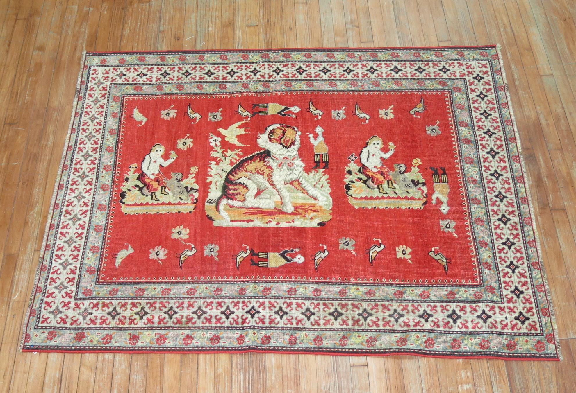 Caucasian Pictorial Dog Animal Antique Karabagh Rug For Sale