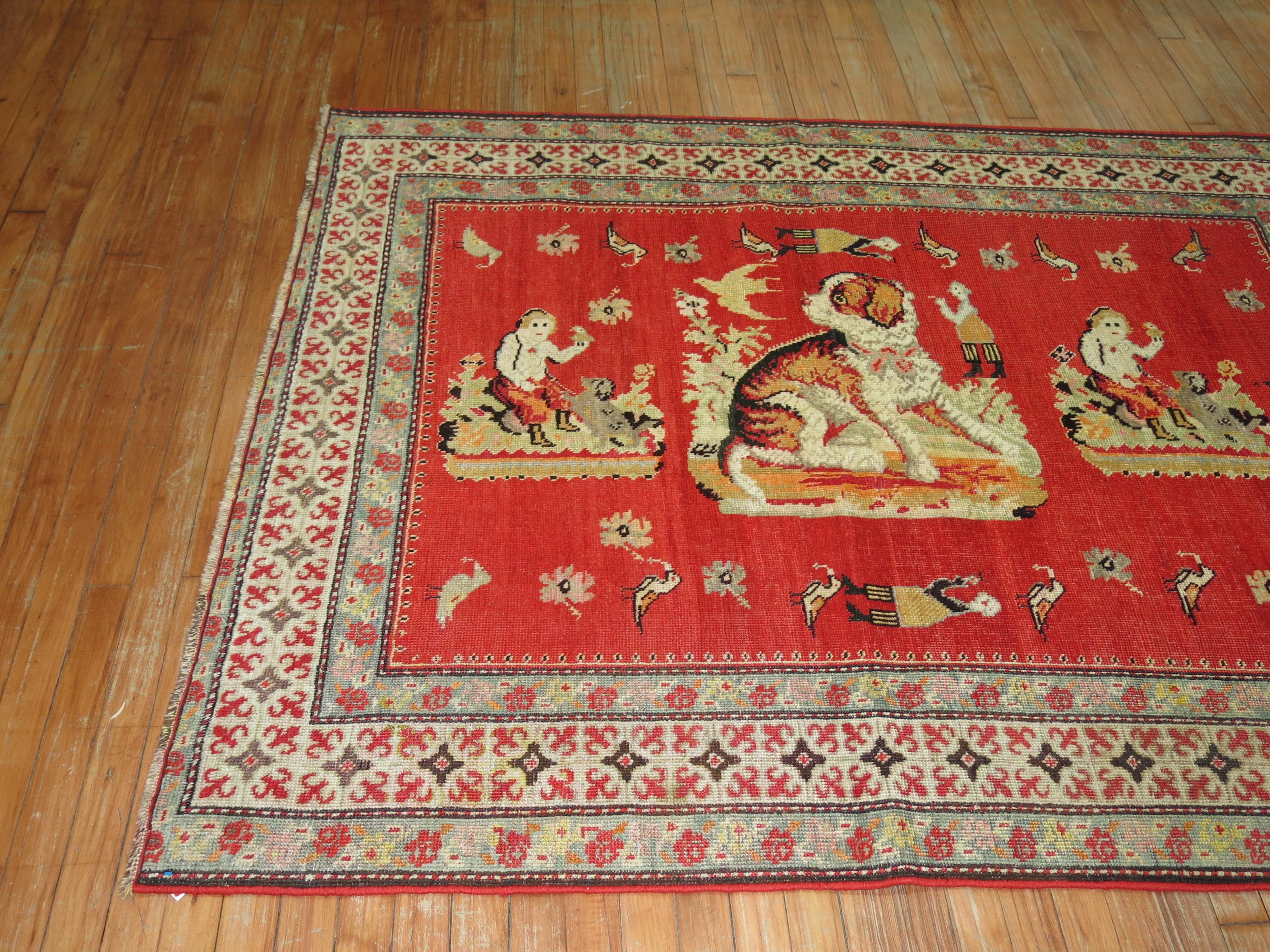 Pictorial Antiker Karabagh-Teppich mit Hund und Tier (Handgewebt) im Angebot