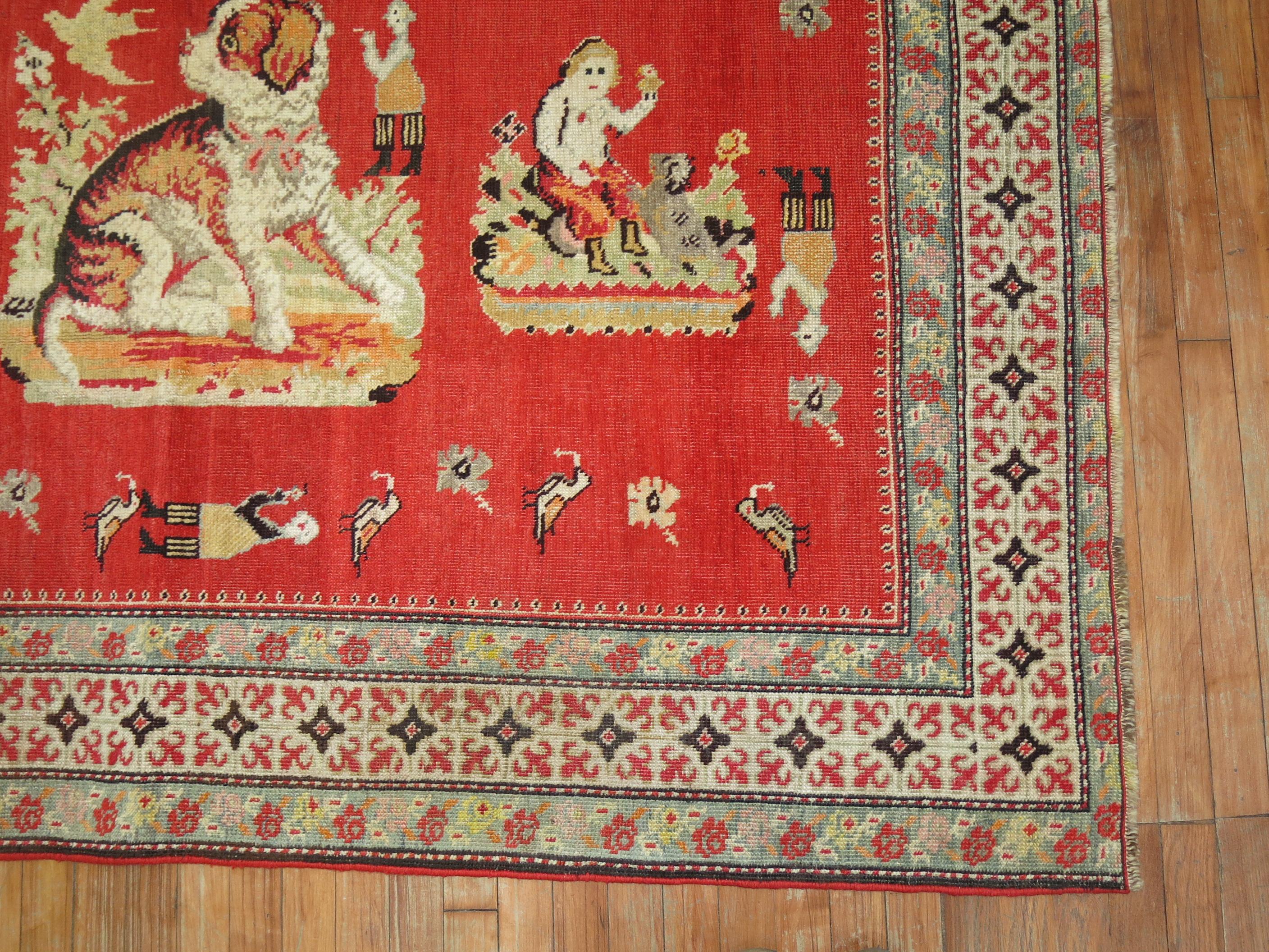 Pictorial Dog Animal Antique Karabagh Rug In Excellent Condition For Sale In New York, NY