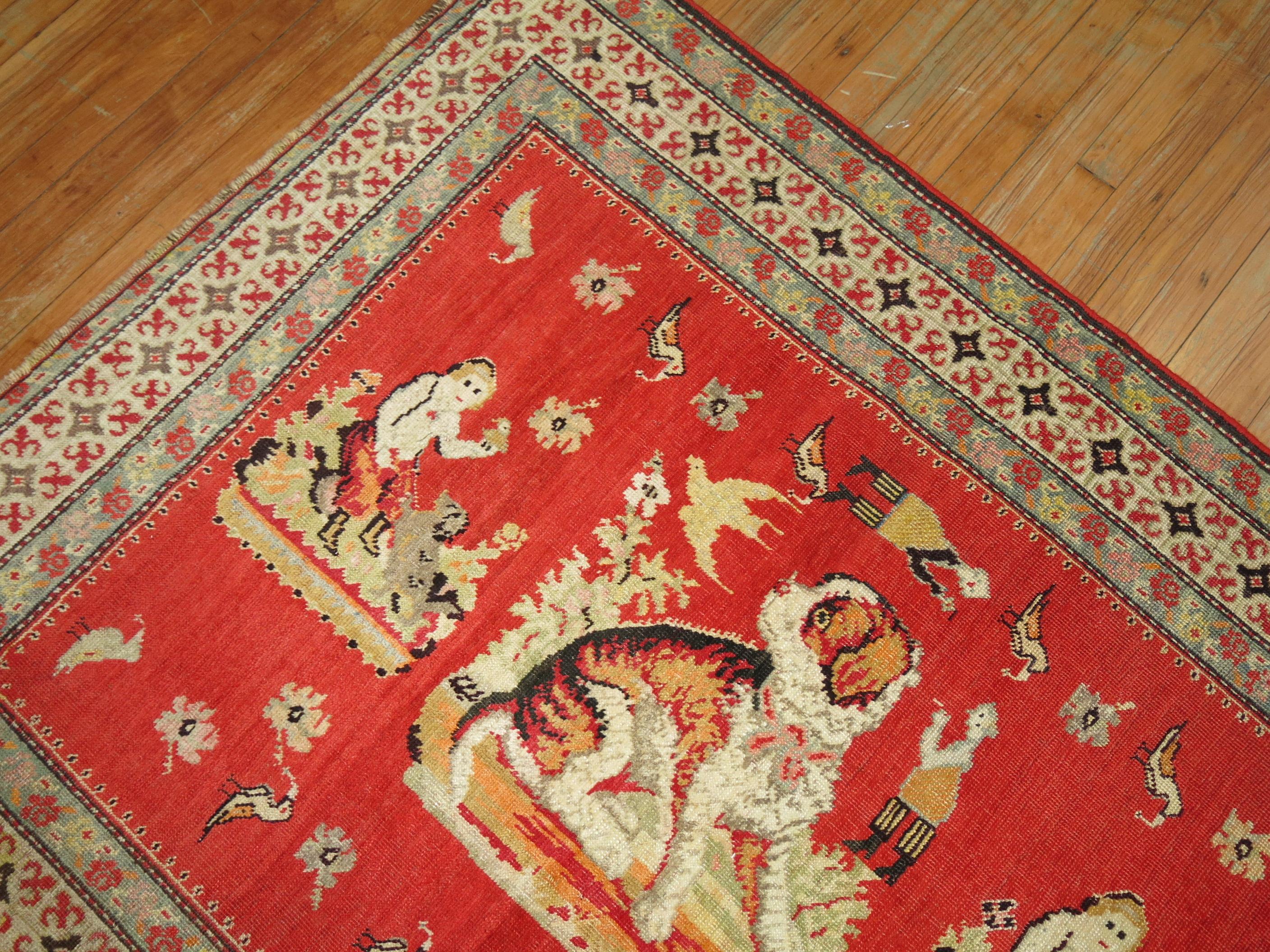 20th Century Pictorial Dog Animal Antique Karabagh Rug For Sale